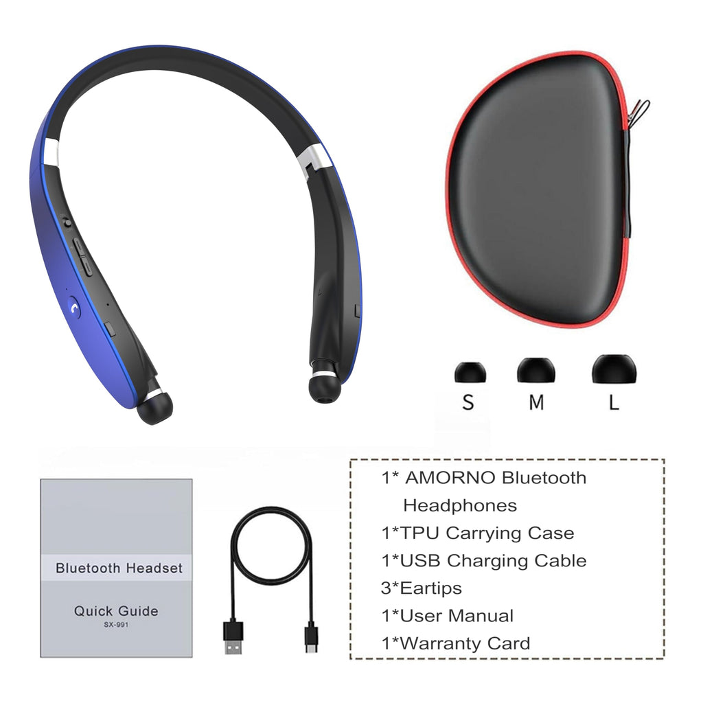 AMORNO Foldable Bluetooth Headphones Wireless Neckband Headset with Retractable Earbuds, Sports Sweatproof Noise Cancelling Stereo Earphones with Mic