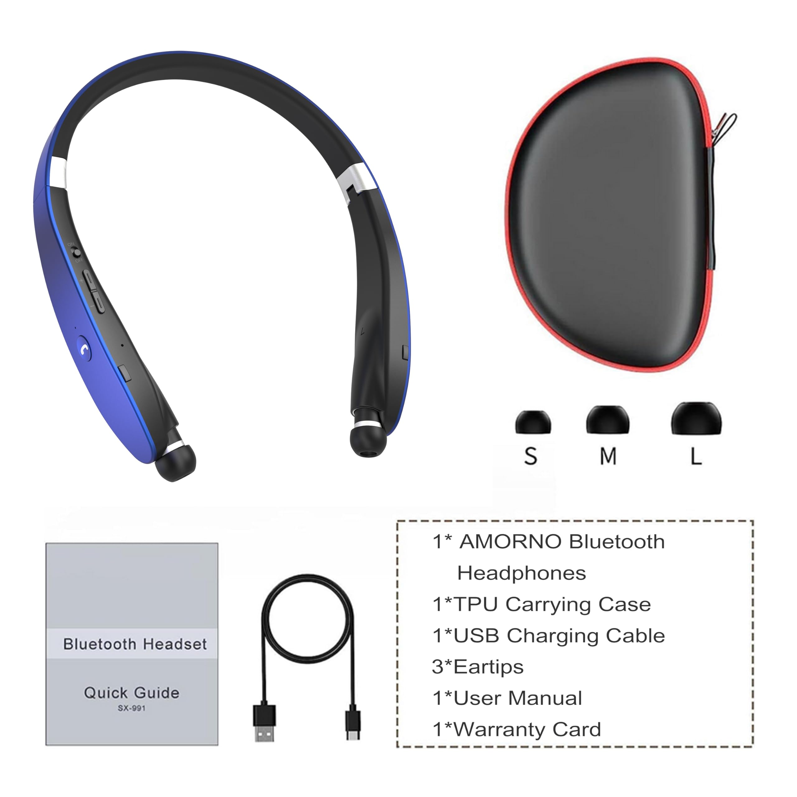 AMORNO Foldable Bluetooth Headphones Wireless Neckband Headset with Retractable Earbuds, Sports Sweatproof Noise Cancelling Stereo Earphones with Mic