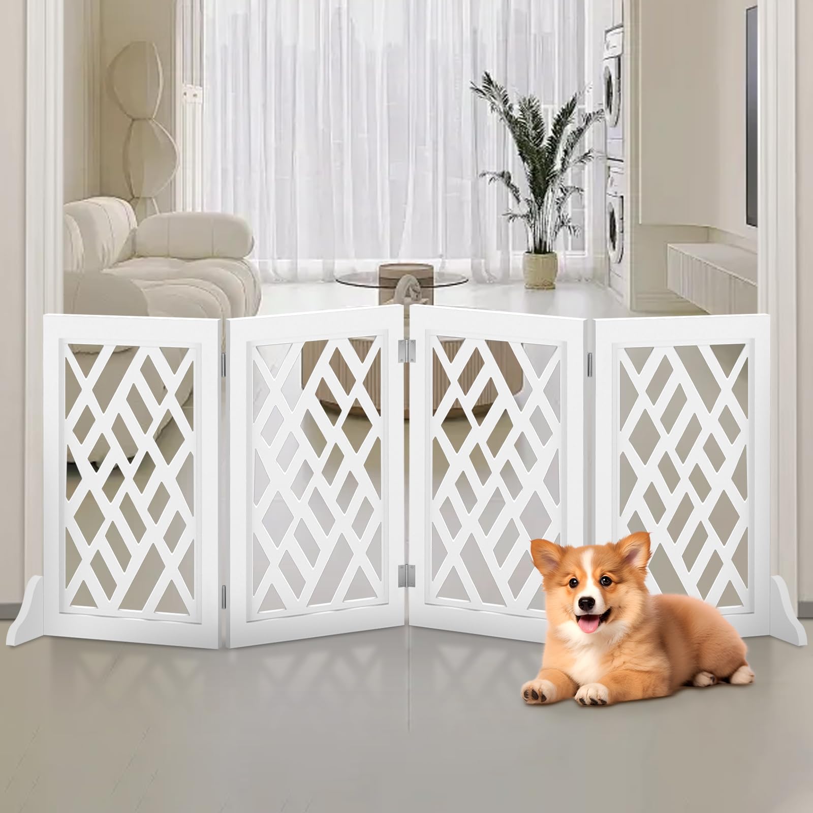 Cut-Out Design 16" Short Dog Gate for Small Dogs, Foldable Retractable Puppy Gate Indoor - Freestanding Lightweight Pet Barrier for Doorways, Stairs, Hallways (Extends to 35", White)