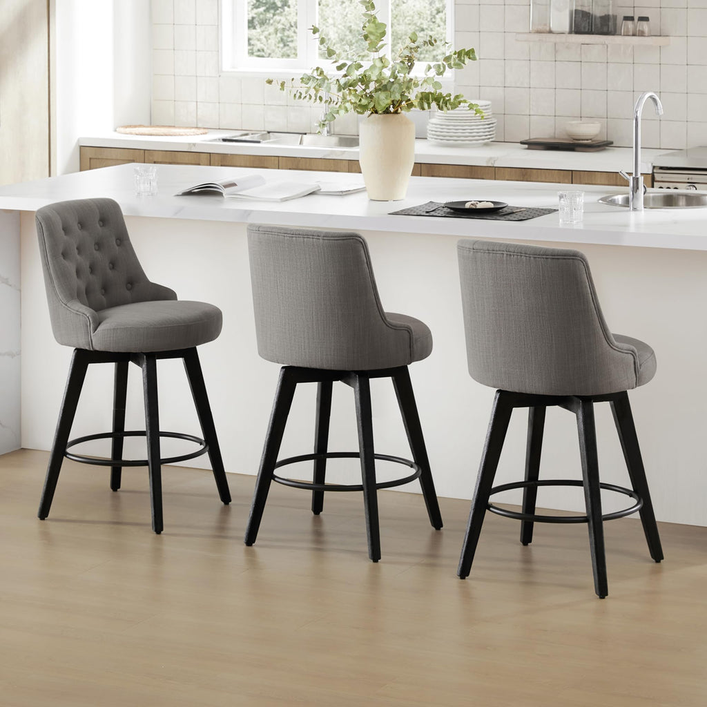 Watson & Whitely Counter Height Bar Stools, Performance Fabric Upholstered Modern Swivel Barstool with Back, Solid Wood Legs, 26" H Seat, Flint Grey