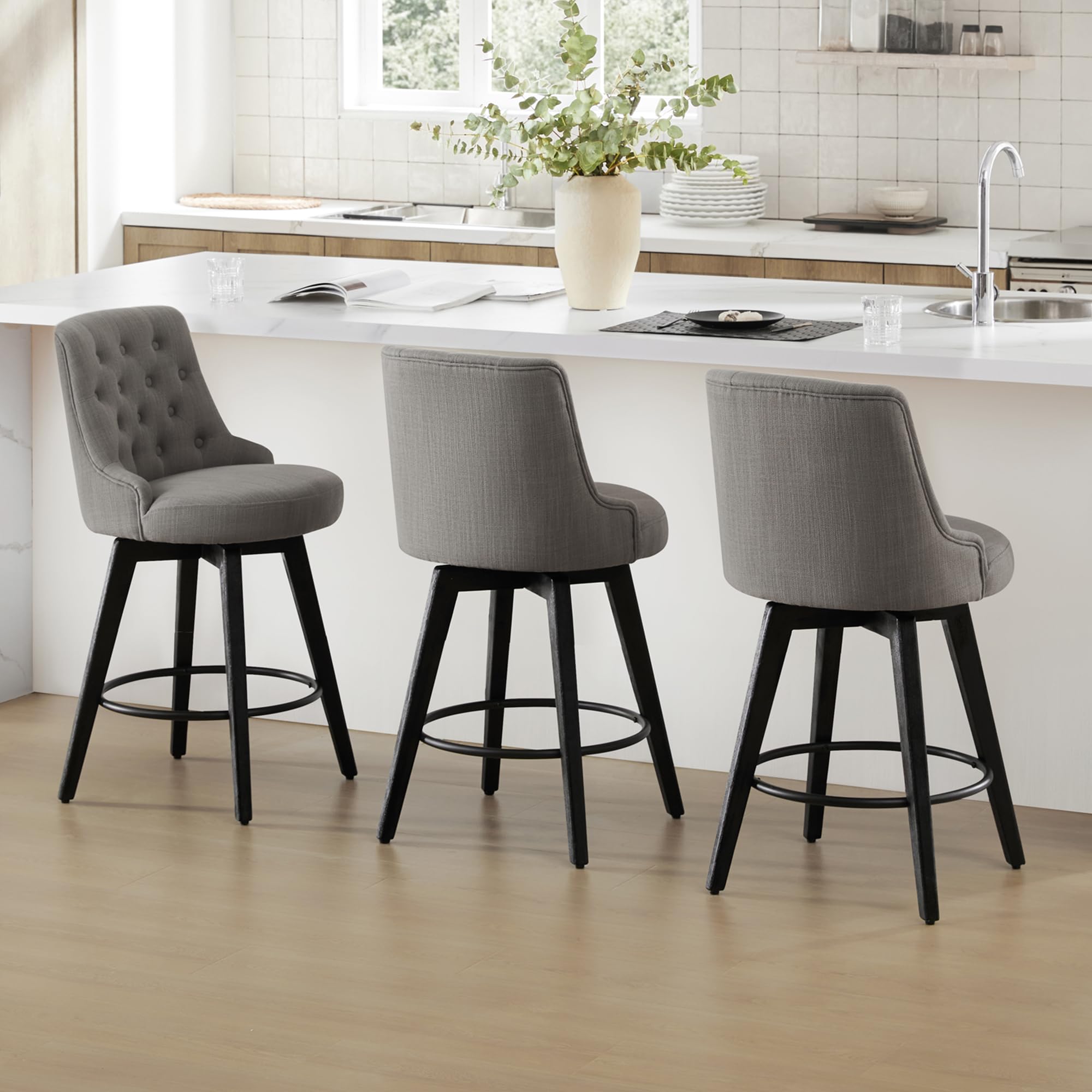 Watson & Whitely Counter Height Bar Stools, Performance Fabric Upholstered Modern Swivel Barstool with Back, Solid Wood Legs, 26" H Seat, Flint Grey
