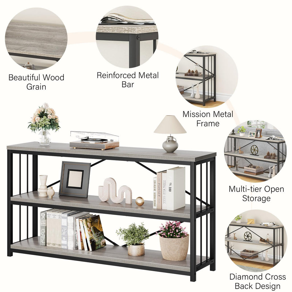 LVB Black Console Table, Modern Entryway Table for Hallway Living Room, Industrial Sofa Table Behind Couch, Farmhouse Wooden Metal Entry Table for Foyer with 3-Tier Storage Shelves, Black Oak, 55 Inch