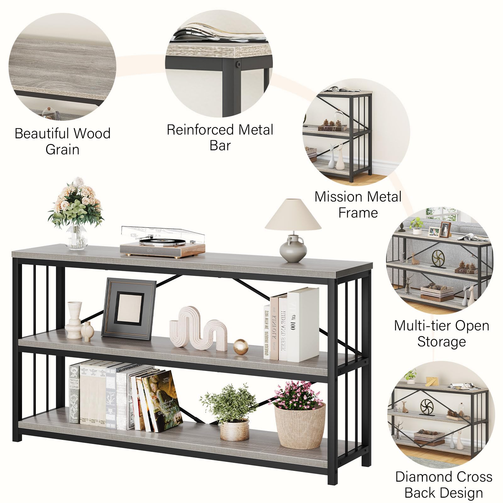 LVB Black Console Table, Modern Entryway Table for Hallway Living Room, Industrial Sofa Table Behind Couch, Farmhouse Wooden Metal Entry Table for Foyer with 3-Tier Storage Shelves, Black Oak, 55 Inch