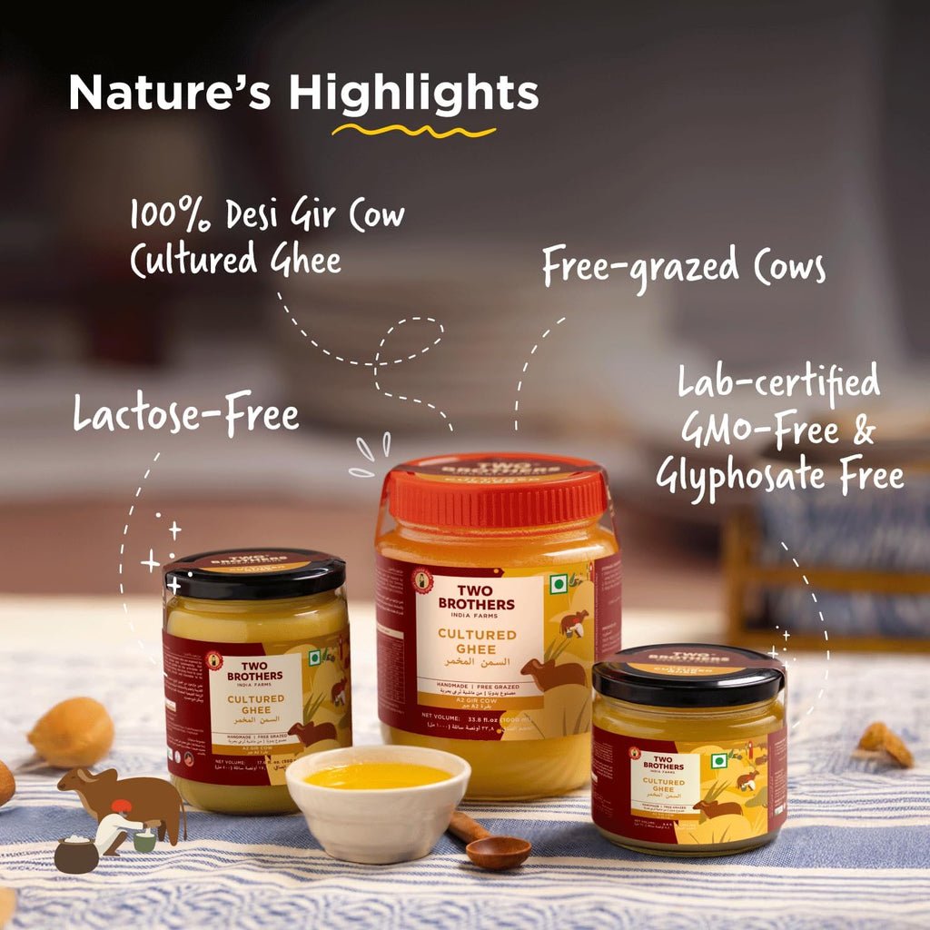 Grass Fed A2 Cultured Ghee | Gir Cow Ghee | Clarified Butter | Cultured Desi Ghee,Non-GMO, Lactose-Free, Keto Friendly - Two Brothers Organic Farms (16 fl oz (500 ml) Plastic)