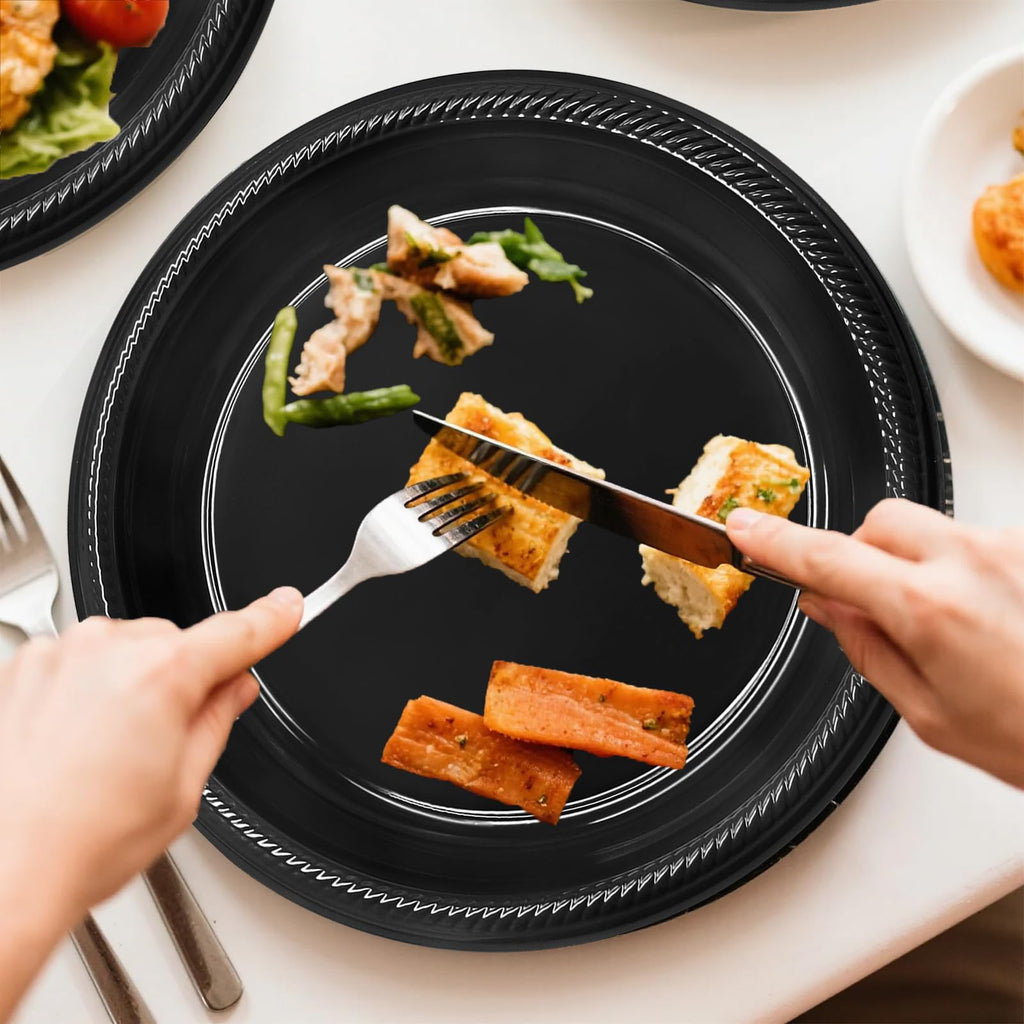 50 Pcs Black Plastic Plates, 10 Inch Black Plates, Black Party Plates Disposable for Birthday Weddings Fathers Day World Cup