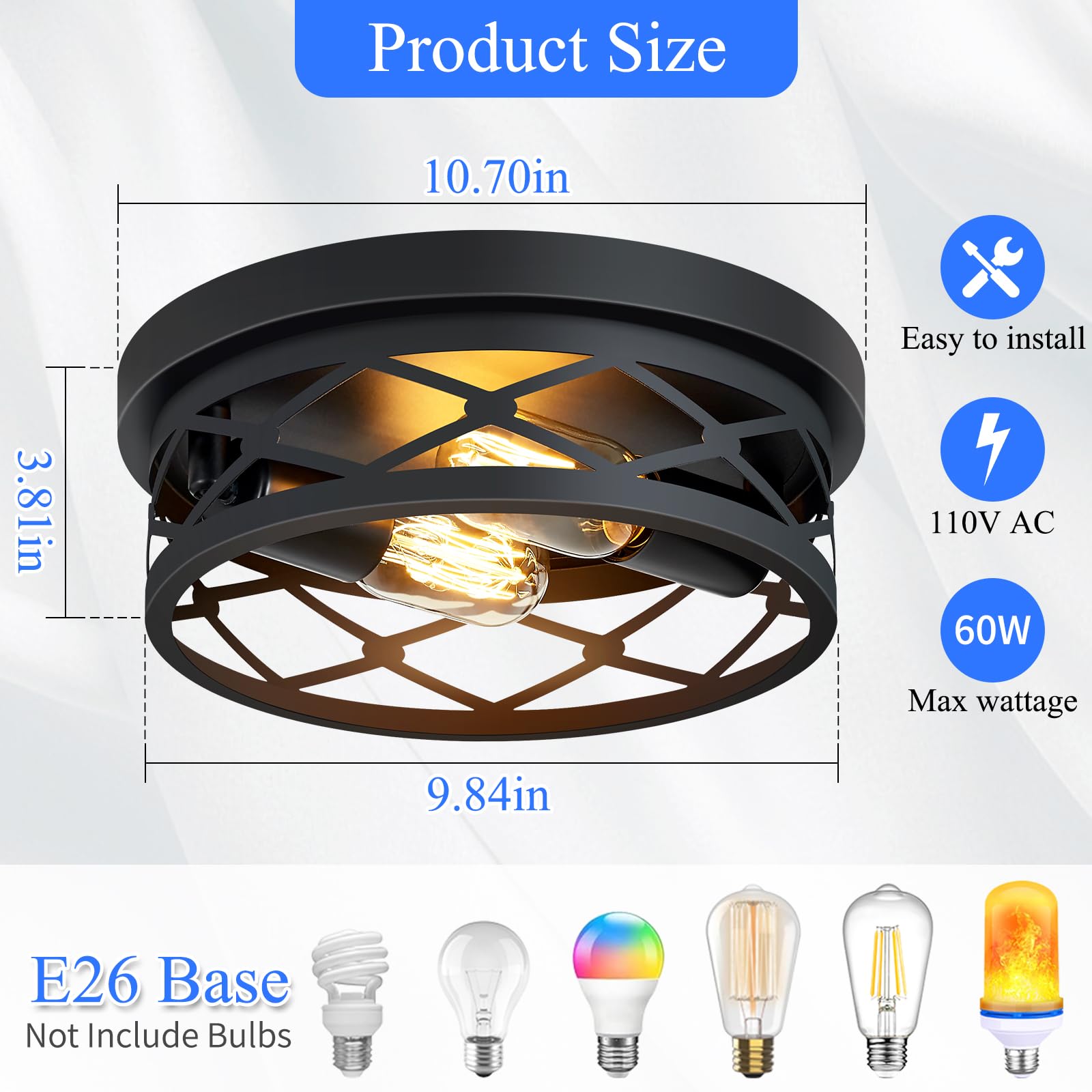 SKEJAO Flush Mount Ceiling Light Fixture,Black 2-Light Hallway Light Fixtures Ceiling,Light Fixtures Ceiling Mount for Farmhouse,Kitchen,Hall,Bedroom,Bathroom (2 Pack)