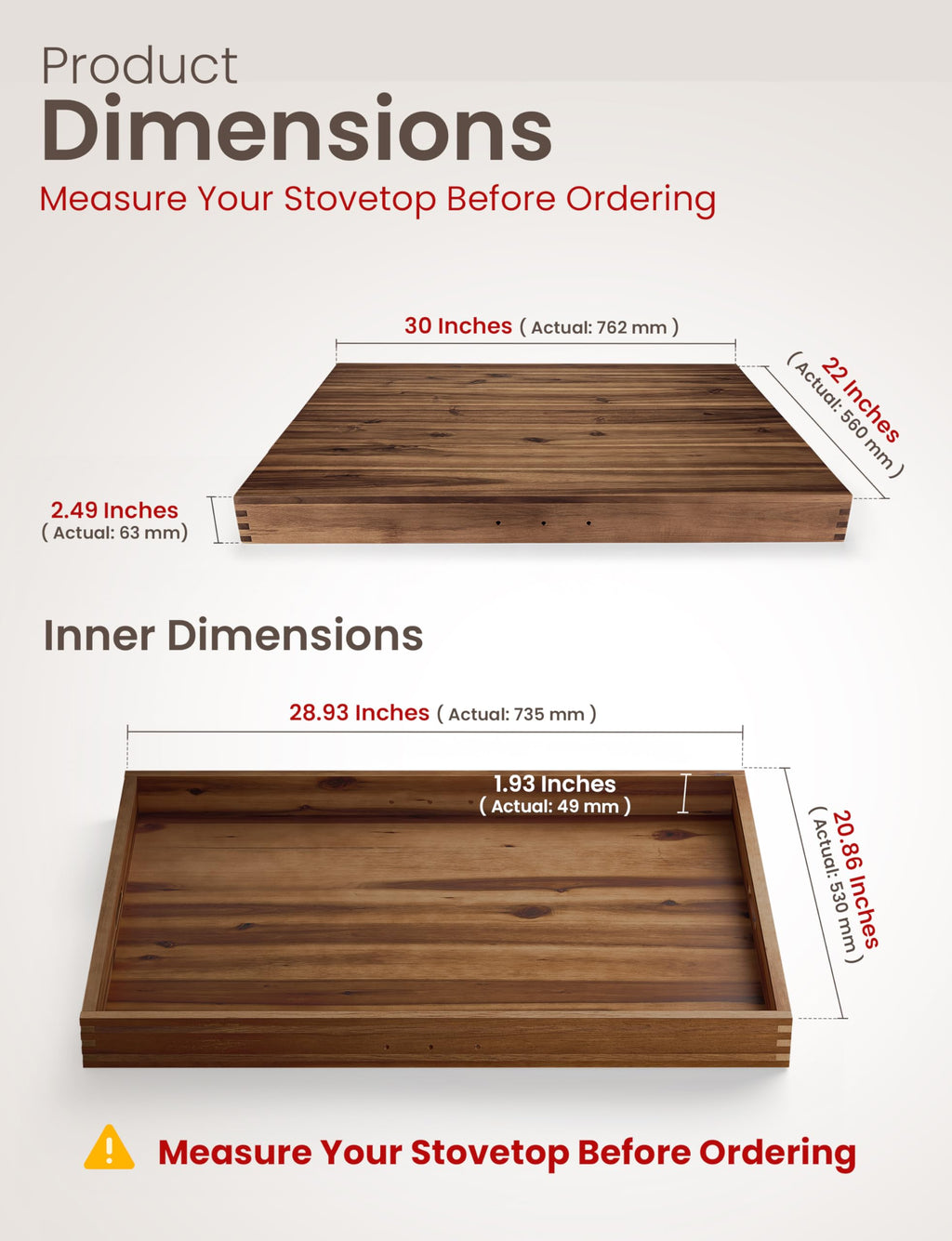 TIDITA Stove Top Covers for Electric Stove 30”x22” (Outer) / 28.9”x20.8” (Inner) - Acacia Wood Noodle Board for Gas Stovetop - Stove Top Covers for Gas Burners - Sink Cover For Counter Space
