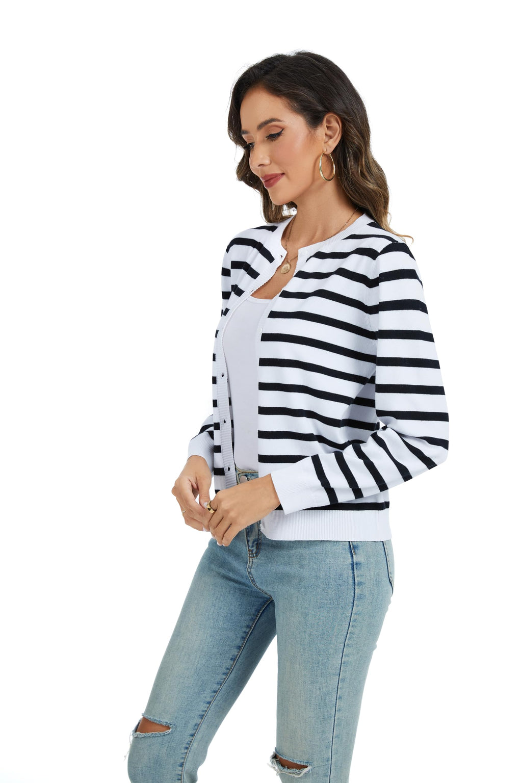 CUNYI Women's Crew Neck Cardigan Long Sleeve Sweater for Women Button Down Soft Knit Ladies Cardigan Sweates Coat