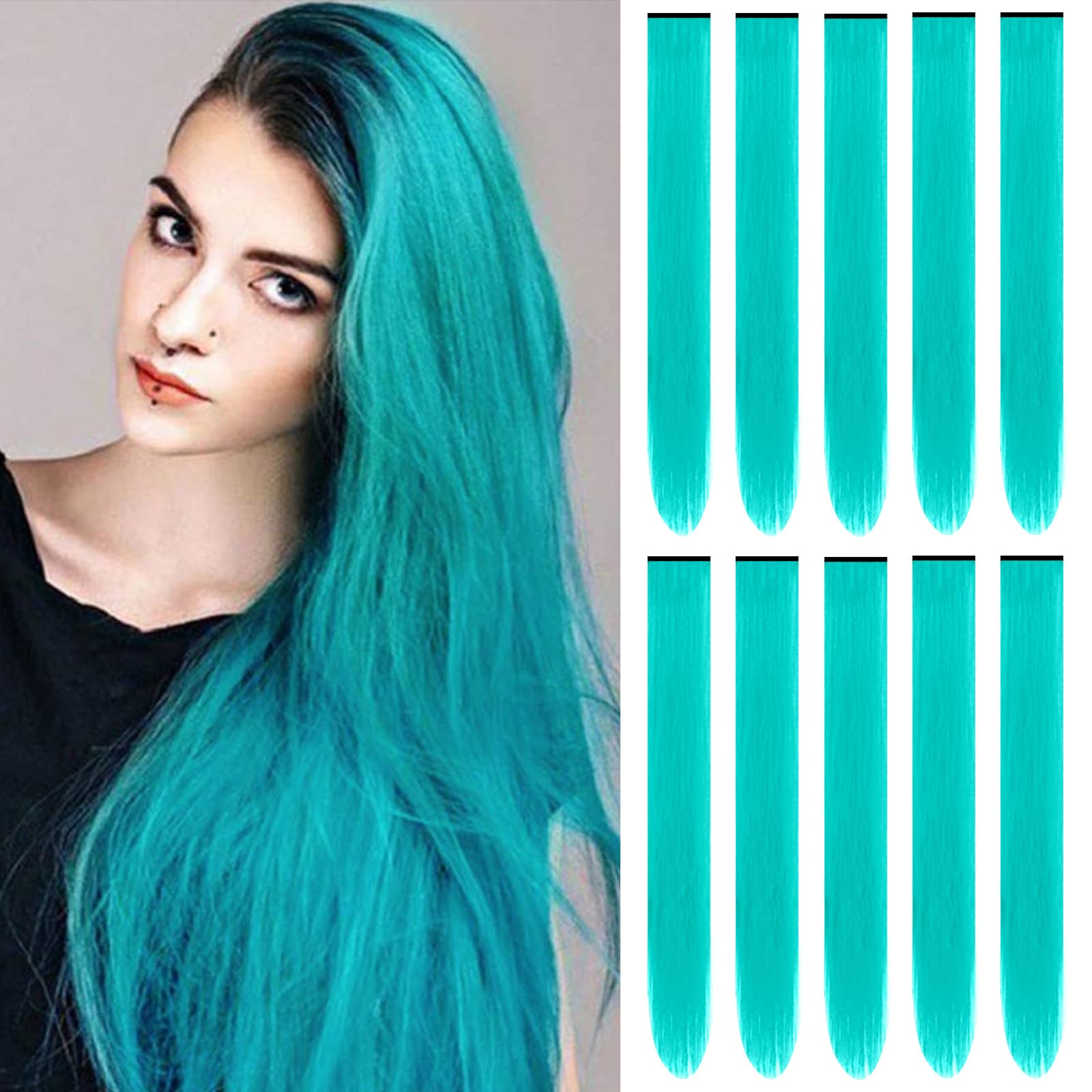 22 inch Colored Hair Extensions,Colorful Clip in Long Straight Synthetic Hair Extensions,Color Party Highlights Hairpieces for Women Girls Cosplay Styling(10 PCS Black)