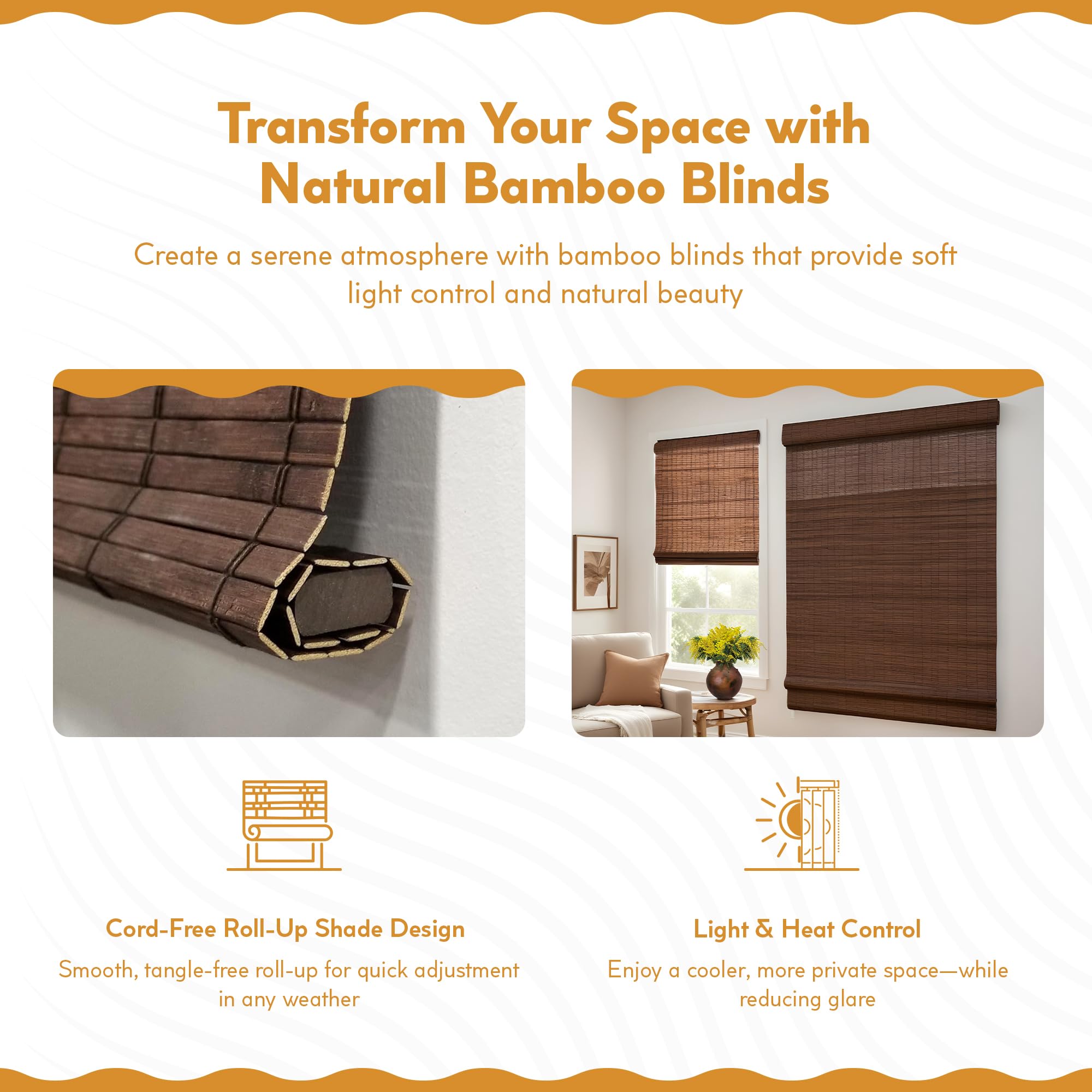 Radiance Cordless Bamboo Roman Shades for Windows - Flatstick Bamboo Blinds for Semi-Private Light Control - Easy to Lift & Fold Up Window Shades - Cocoa - 23 in. W x 64 in. L - (2216300E)