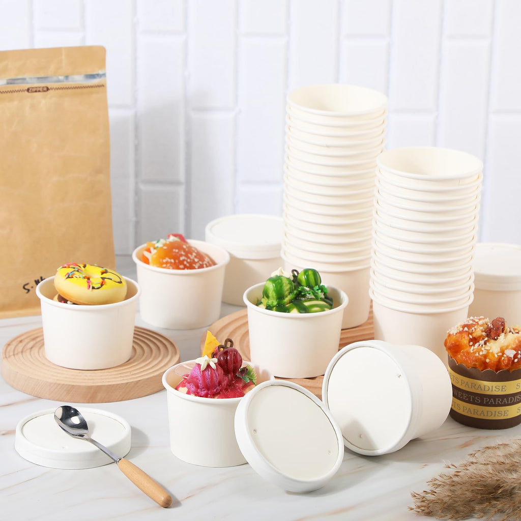 Fulmoon 100 Pack Paper Soup Containers with Lids Disposable Paper Food Containers with Vented Lid Kraft Ice Cream Cake Dessert Cups Soup Bowl for Party Hot Food Fruit Microwave(4 oz,Brown)
