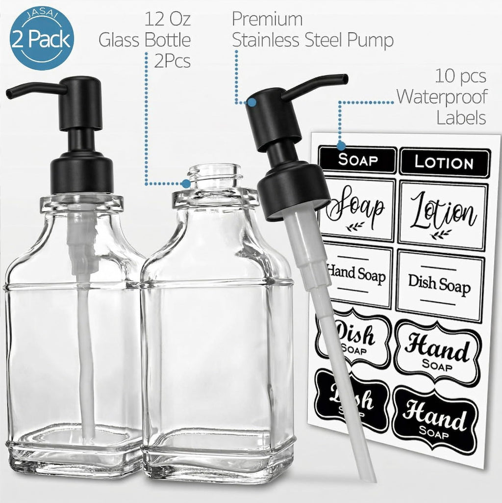 JASAI Antique Design Soap Dispenser with Rust Proof 304 Stainless Steel Pump, Refillable Glass Soap Dispenser with 10Pcs Clear Stickers, Premium Kitchen & Bathroom Soap Dispenser
