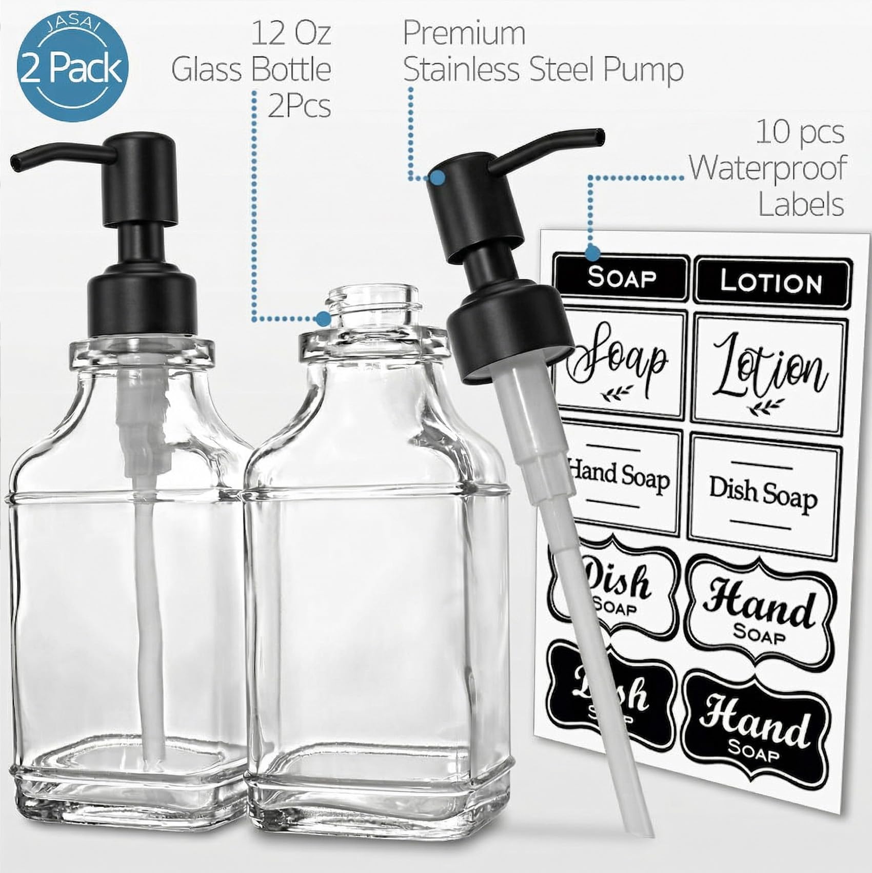 JASAI Antique Design Soap Dispenser with Rust Proof 304 Stainless Steel Pump, Refillable Glass Soap Dispenser with 10Pcs Clear Stickers, Premium Kitchen & Bathroom Soap Dispenser