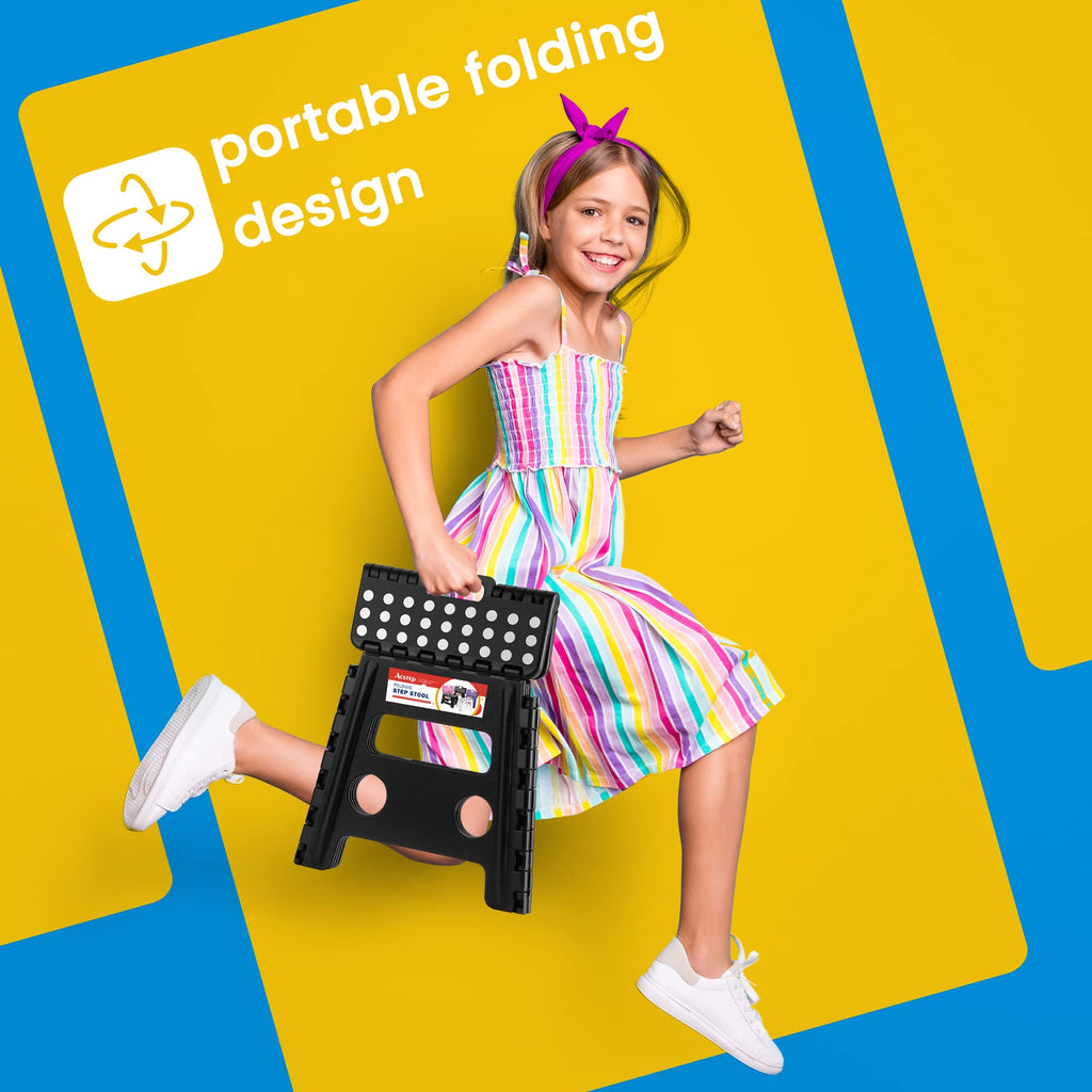 ACSTEP 9 Inch Folding Step Stool 300 LB Capacity Plastic Foldable Step Stools for Kids and Adults, Folding Stool Suitable for Kitchen, Stepping Stool with Handle Bicolor Green Small Step Stool 1PC