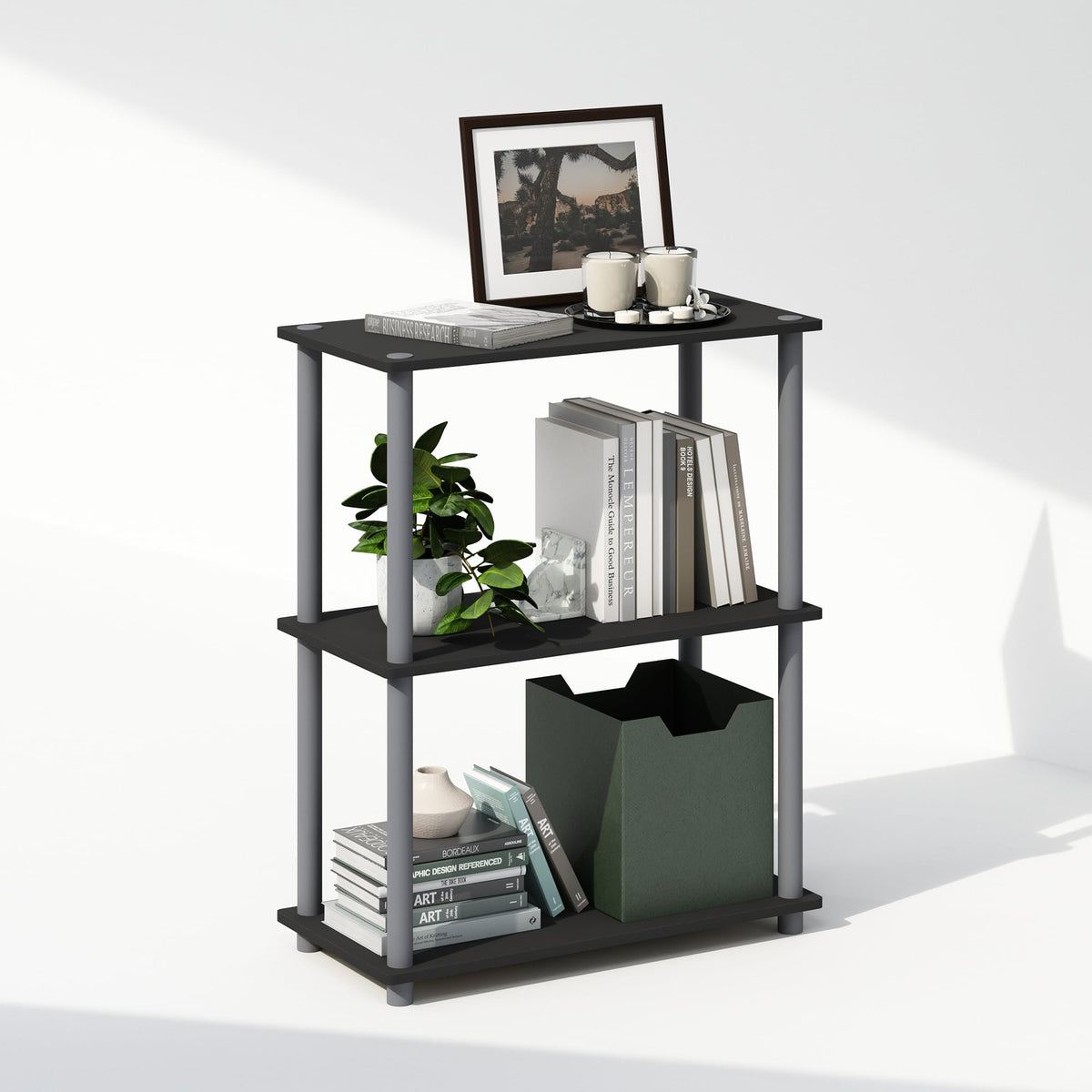 Furinno Turn-N-Tube Book Shelf, 4-Tier Bookshelf, Bookcase with Multipurpose Compact Display Rack, 11.6 x 23.6 x 43.2, for Living Room, Bedroom, Home Office, Americano/Black