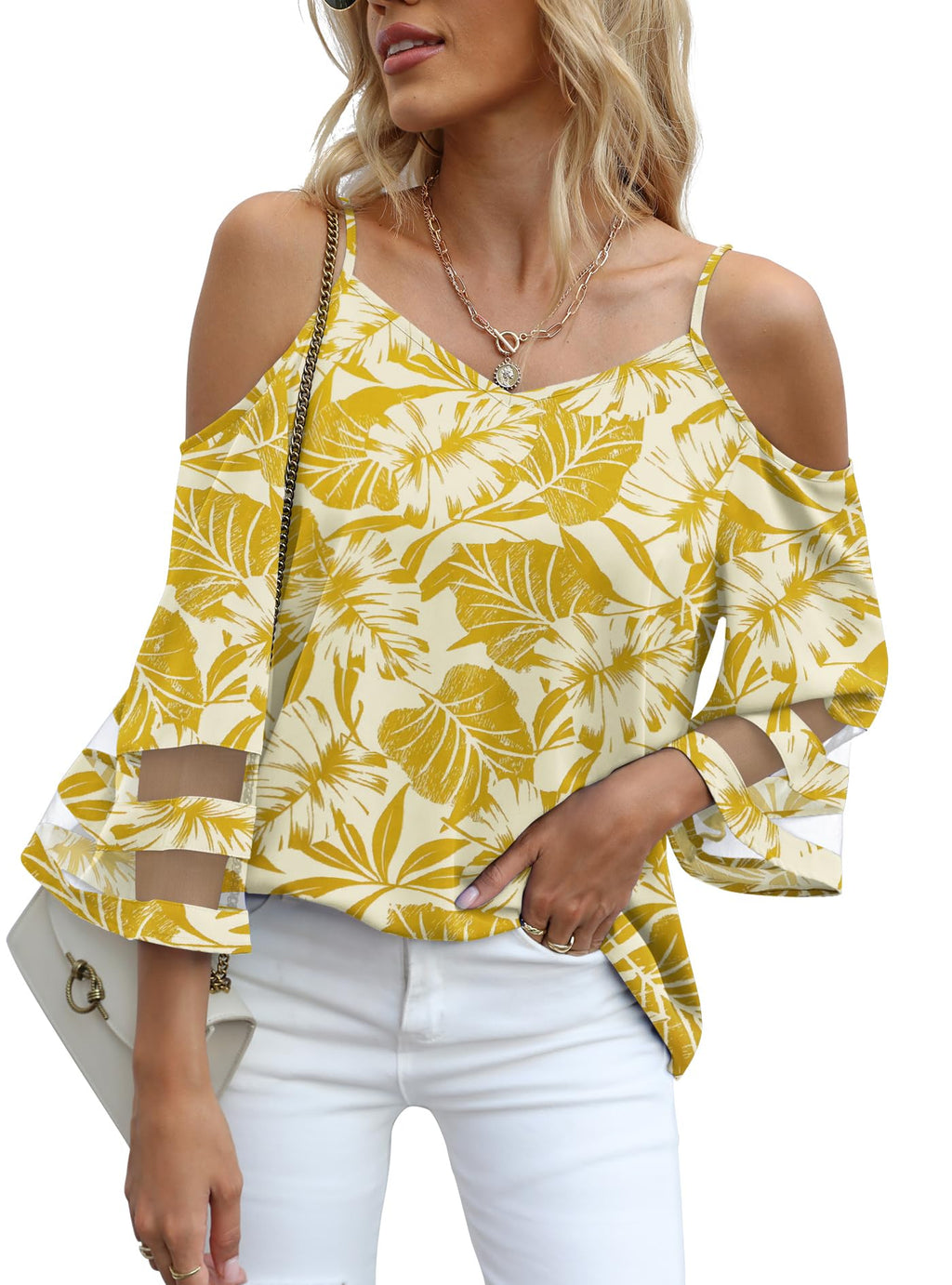 Jouica Womens Summer Cold Shoulder Tops Mesh Panel 3/4 Bell Sleeve Tees Adjustable Spaghetti Strap Loose Fit Shirts