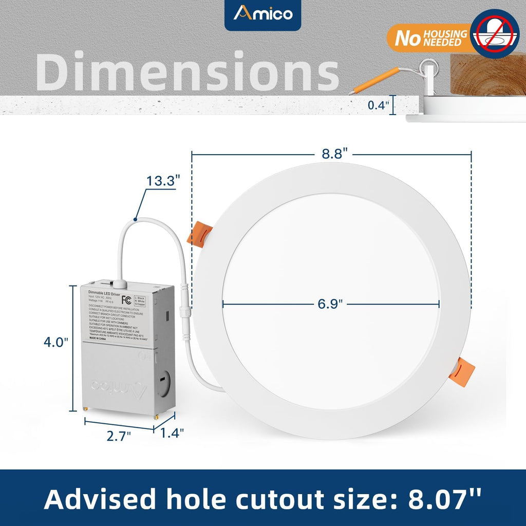 Amico 6 Pack 3 Inch 5CCT Ultra-Thin LED Recessed Ceiling Light with Junction Box, 2700K/3000K/3500K/4000K/5000K Selectable, 7W Eqv 60W 500LM Brightness Dimmable Canless Wafer Downlight, ETL