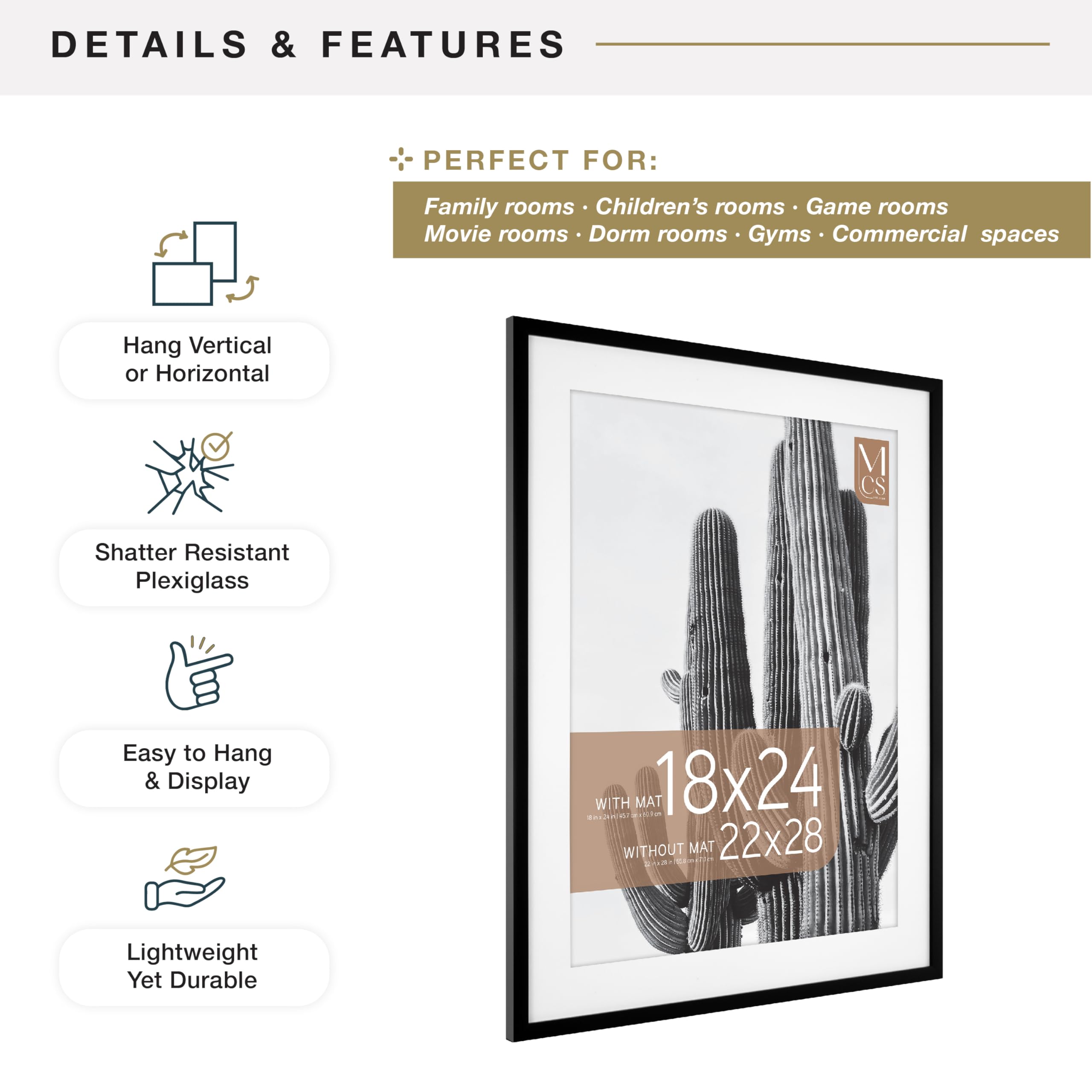 MCS Everline Collection 14x20 Matted Poster Frame with 11x17 Picture Display, Black Vertical & Horizontal Wall Hanging Large Frame for Photos, Posters & Art Prints (1-Pack)