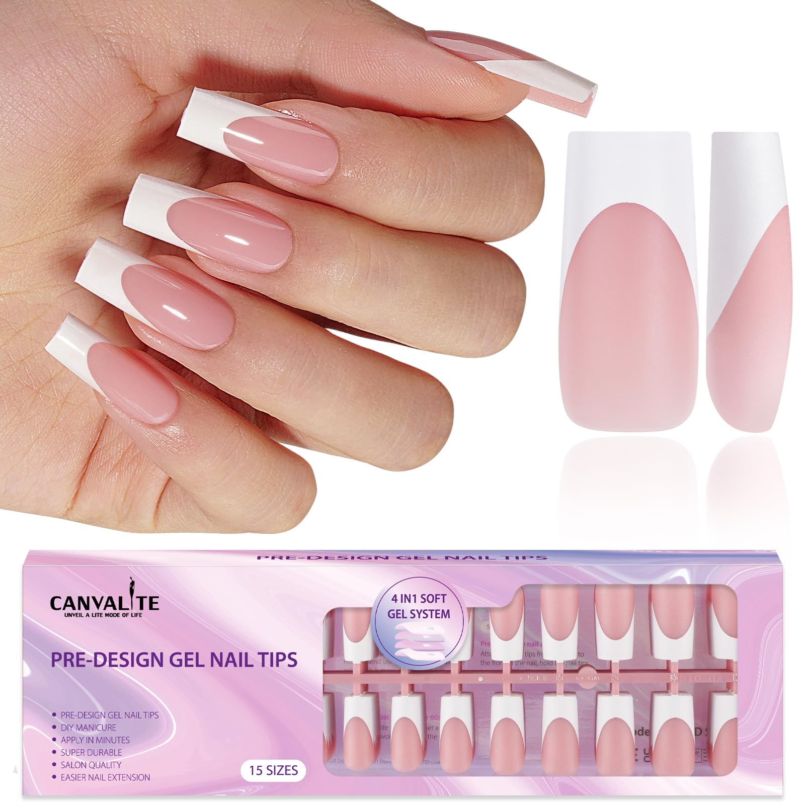 Canvalite French Tip Press on Nails Gel Nail Tips - 300Pcs Pre-Colored Quick and Easy Press on Nails Almond Fake Nails with Designs DIY Nail Extensions, Nude White
