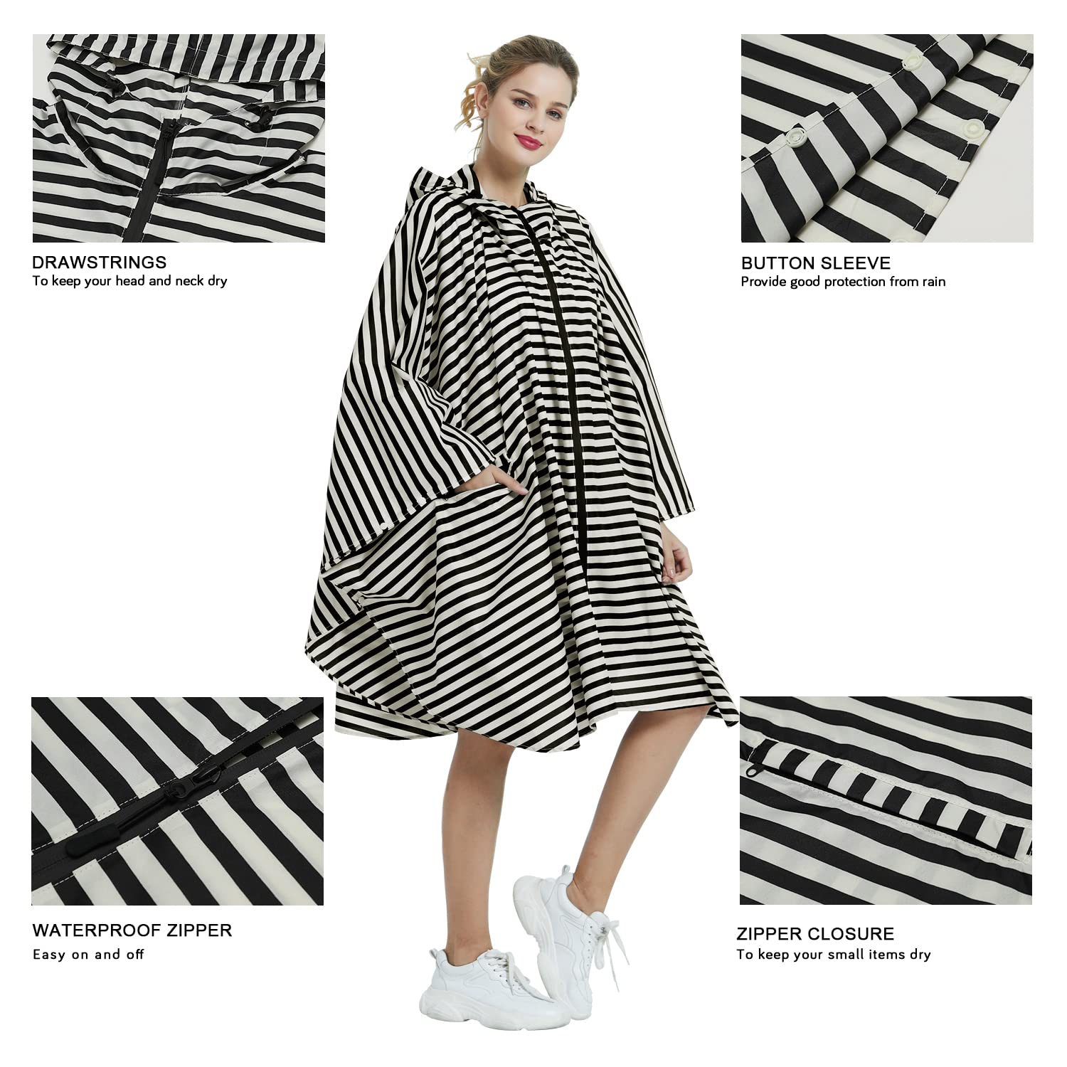 Rain Poncho Jacket Coat Hooded Zipper Style for Women/Men/Adult with Pocket