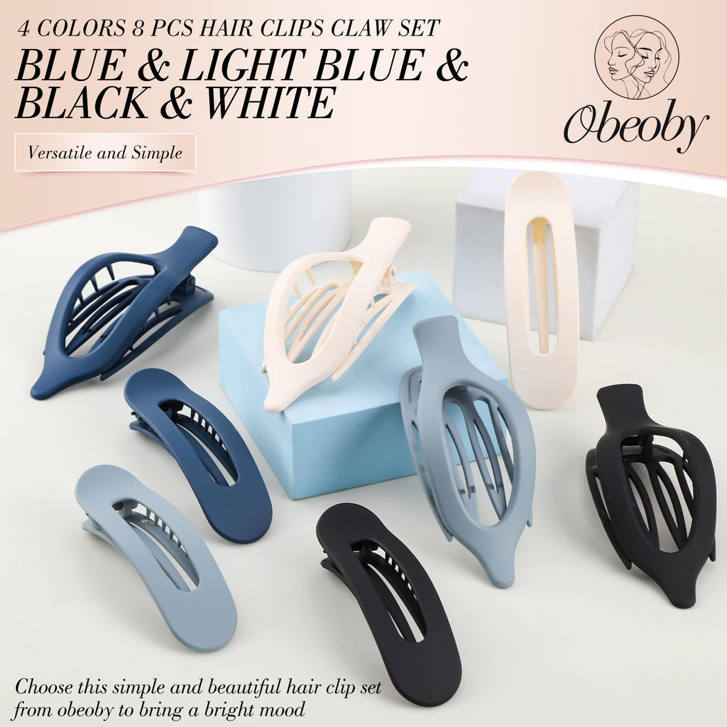 Obeoby 8 Pcs Flat Claw Clips for Women, Strong Hold French Flat Hair Clips for Thick Thin Hair Barrettes Accessories Round Large Medium (Tortoiseshell)