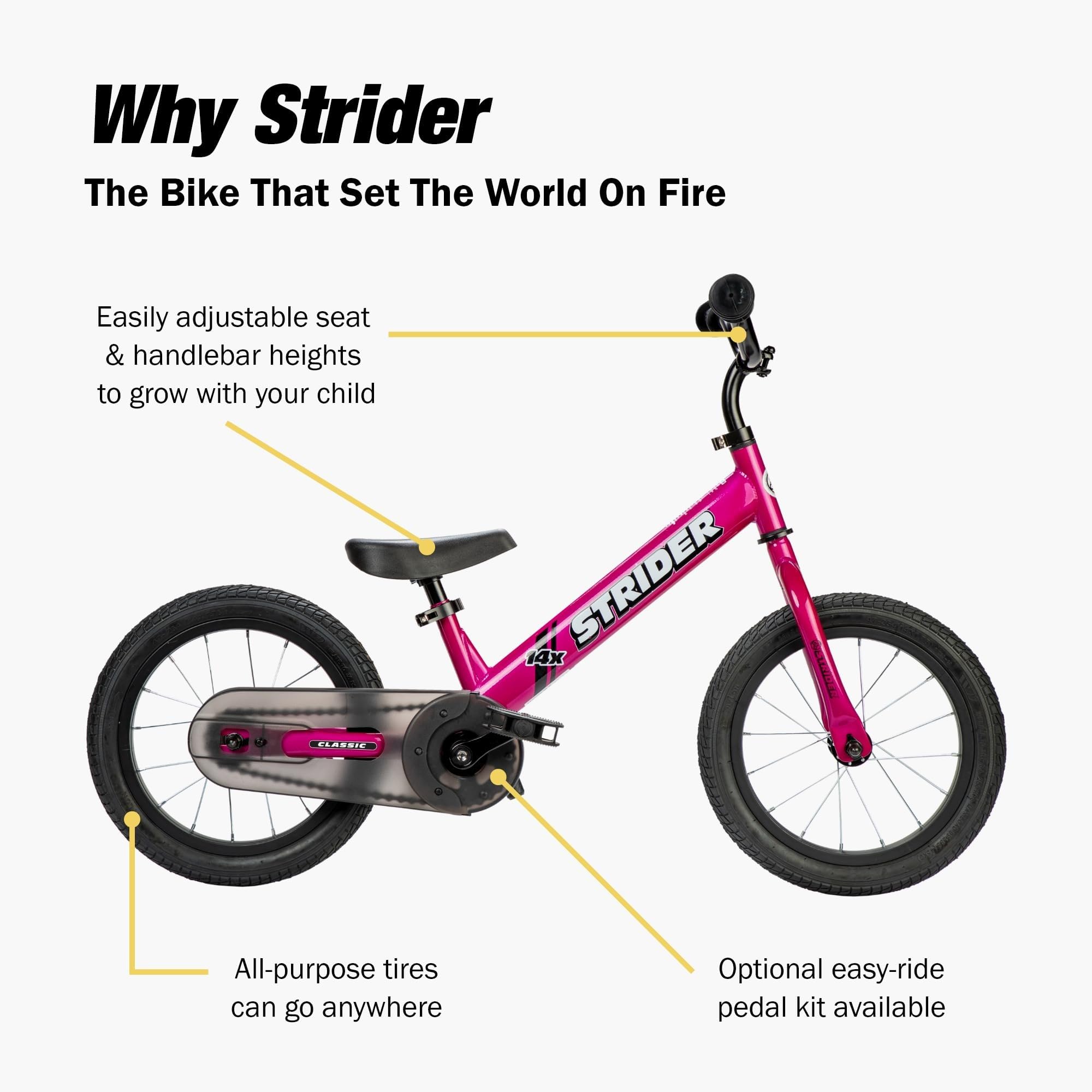 Strider 14x Classic, Balance Bike for Kids 3 to 6 Years - Includes Kid Sized Grips, Padded Seat, Performance Footrest, All-Purpose Tires-Easy Assembly, Tool-Free Adjustments