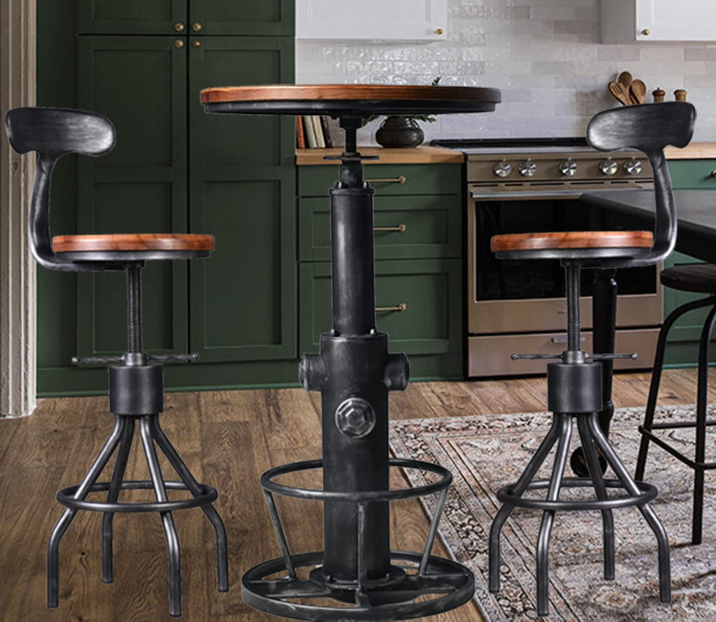 LOKKHAN Industrial Bar Table 38.6"-48.4" Height Adjustable Swivel Round Wood Tabletop 23.7" Dia, Kitchen Dining Office Coffee Bistro Pub Table (Aged Blue)