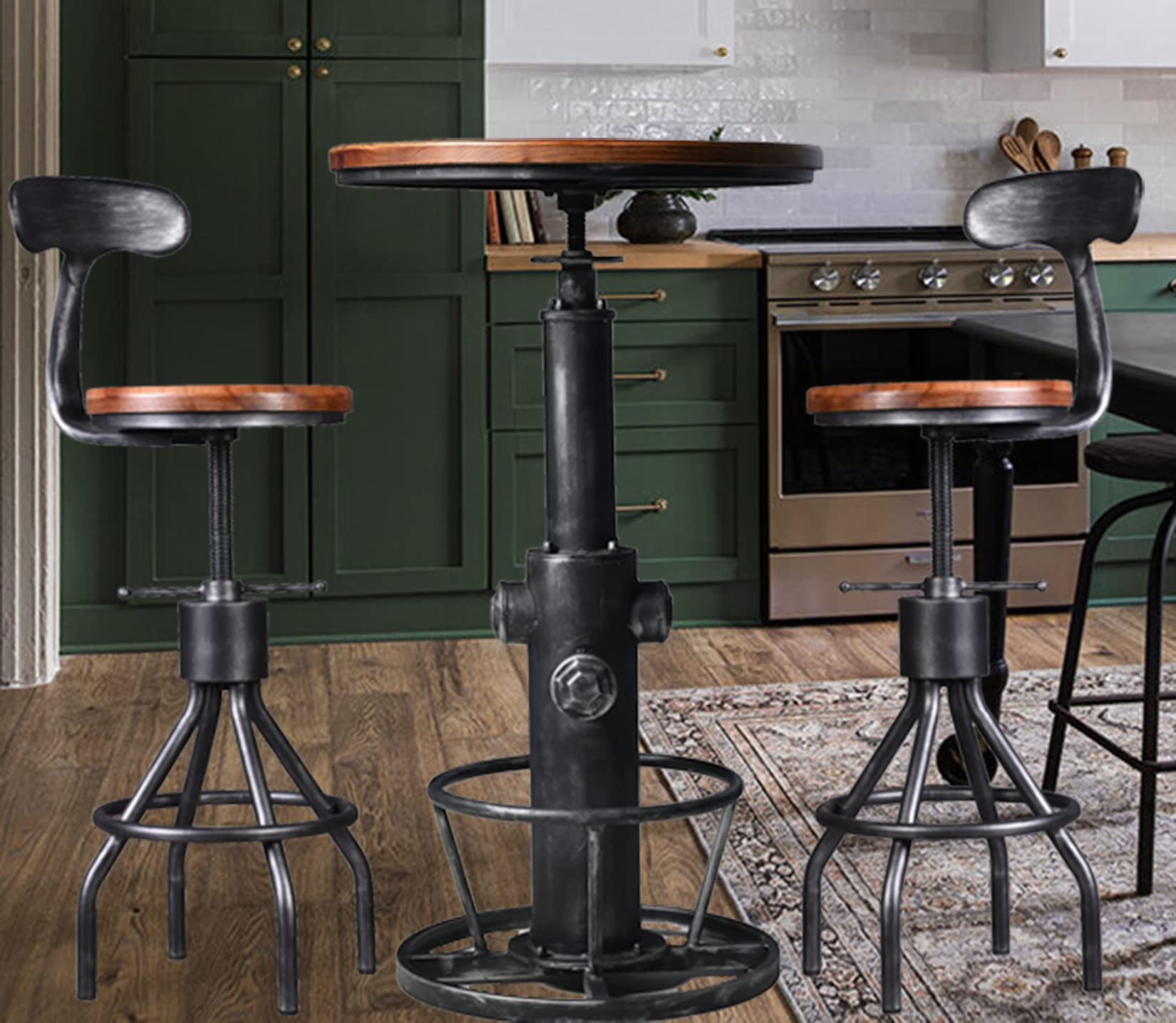 LOKKHAN Industrial Bar Table 38.6"-48.4" Height Adjustable Swivel Round Wood Tabletop 23.7" Dia, Kitchen Dining Office Coffee Bistro Pub Table (Aged Blue)