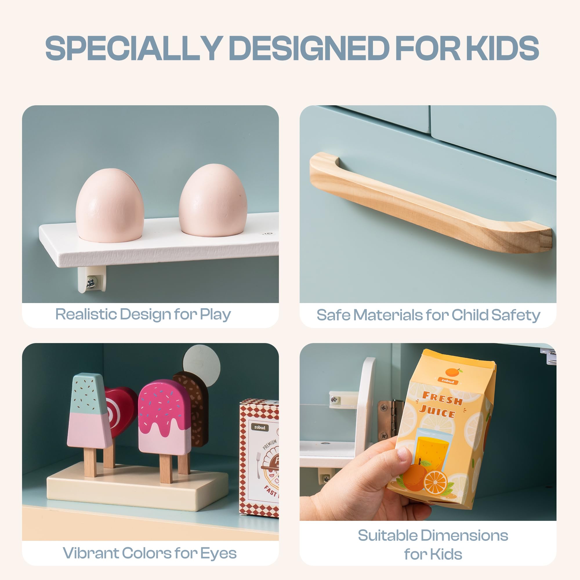 ROBUD Wooden Play Kitchen Fridge, Toy Kitchen Refrigerator, Kids Fridge Freezer Set with Ice Maker, Kitchen Playset Gift for Kids & Toddlers, Age 3+ (Caramel)