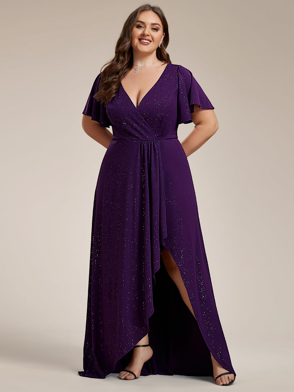 Ever-Pretty Glitter Formal Dresses for Cuvvy Women Plus Size A-line High Low Wedding Guest Gala Dress with Ruffles Sleeves
