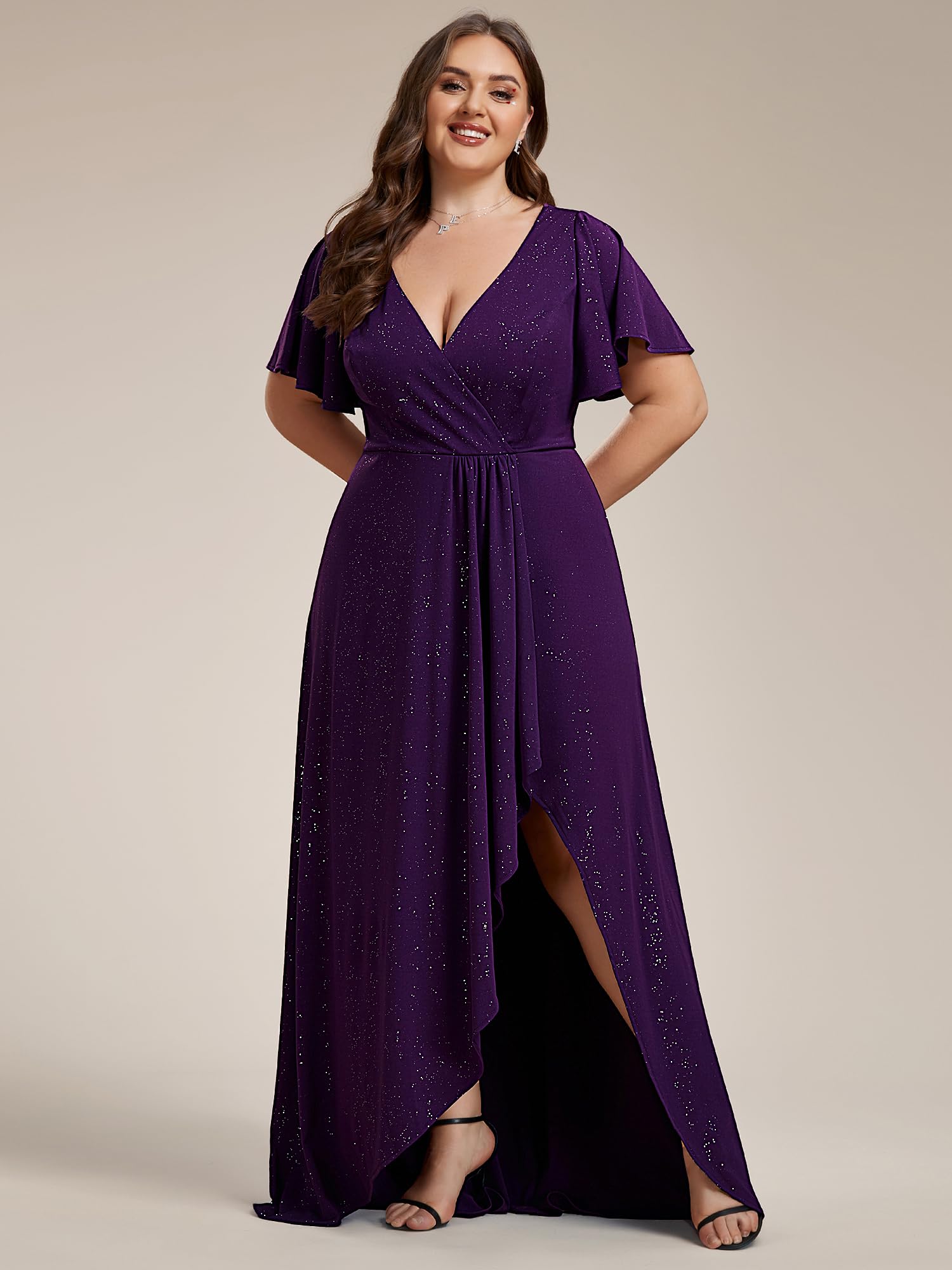 Ever-Pretty Glitter Formal Dresses for Cuvvy Women Plus Size A-line High Low Wedding Guest Gala Dress with Ruffles Sleeves