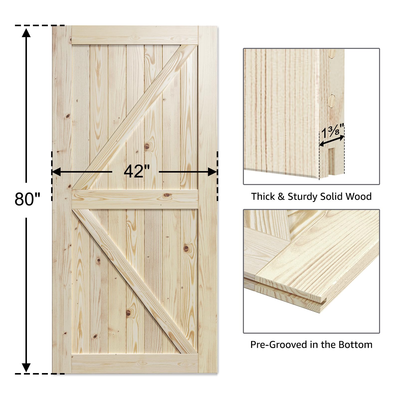 SmartStandard 24in x 80in Sliding Barn Wood Door Pre-Drilled Ready to Assemble, DIY Unfinished Solid Spruce Wood Panelled Slab, Interior Single Door Only, Natural, K-Frame (Fit 4FT Rail)