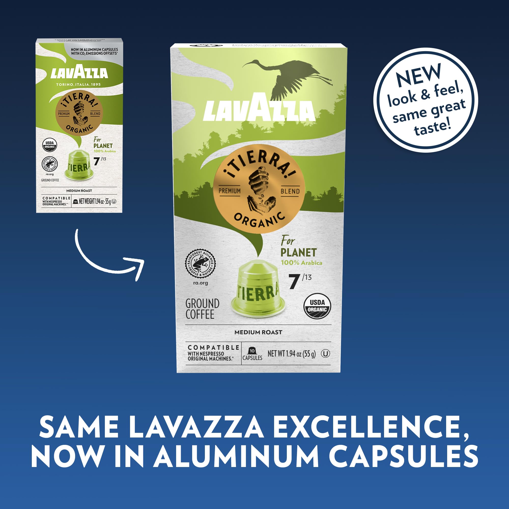 Lavazza TIERRA PLANET USDA ORGANIC Espresso Aluminum Capsules Compatible with Nespresso Original Machines, 10 Count, Medium Roast, 100% Arabica, Intensity 7 of 13