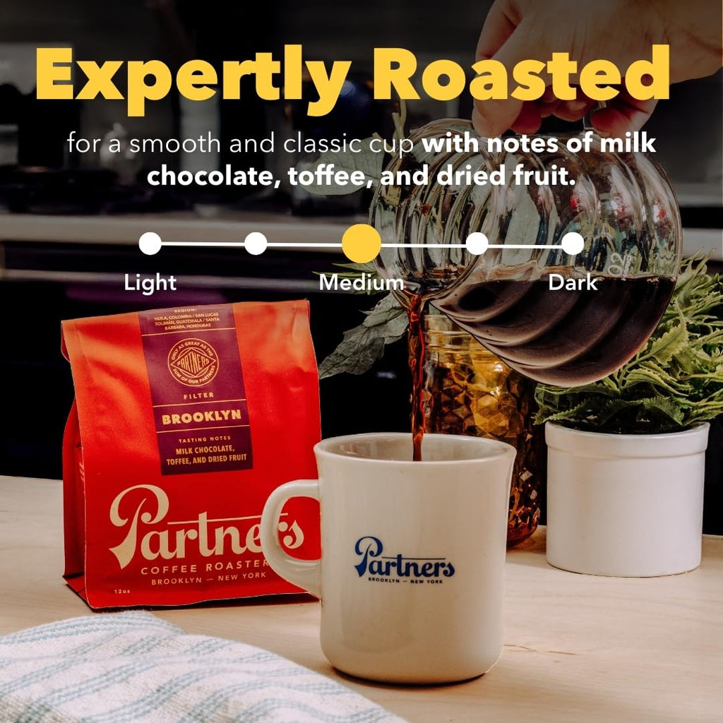 PARTNERS COFFEE ROASTERS - Whole Bean Coffee (Bedford - Espresso, Medium Roast) 12oz - Fruity, Complex, Espresso - Whole Coffee Beans - Lab Tested for Mycotoxins & Heavy Metals - Hand Roasted in NYC