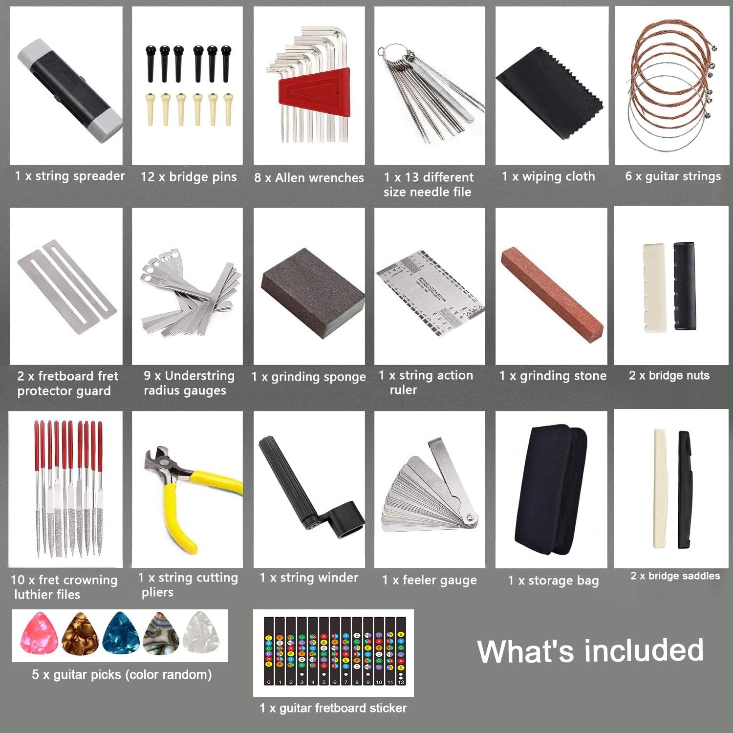 72PCS Guitar Tool Kit，Professional Guitar Repairing Maintenance Tool Kit with Guitar Strings Picks Bridge Pins Gauge Guitar Accessories Gift for Acoustic Guitar Electric Guitar Ukulele Bass Banjo