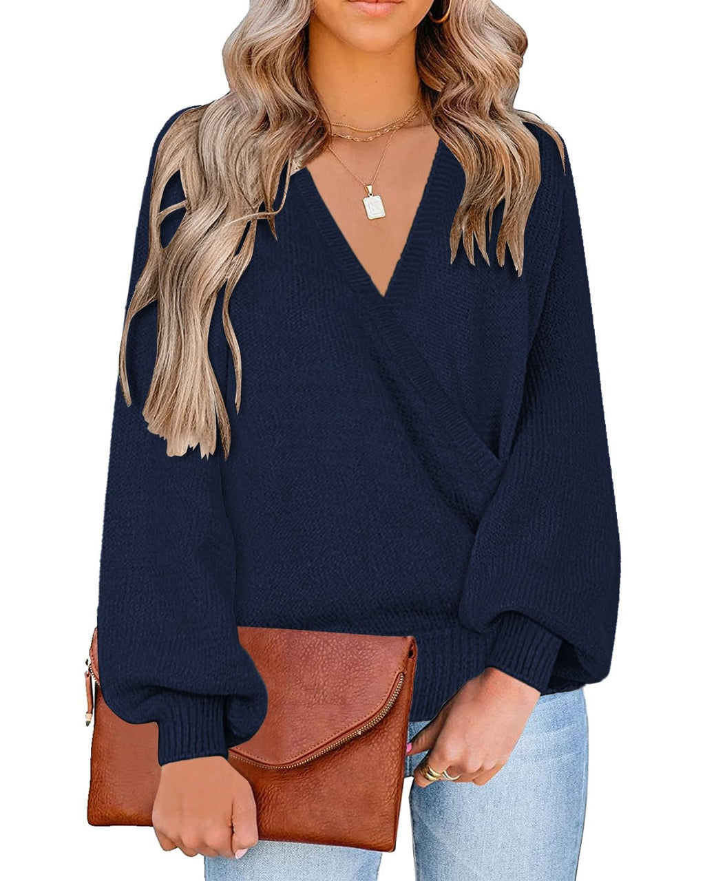 LookbookStore Women's Knit Long Sleeve Faux Wrap Surplice V Neck Sweater Top