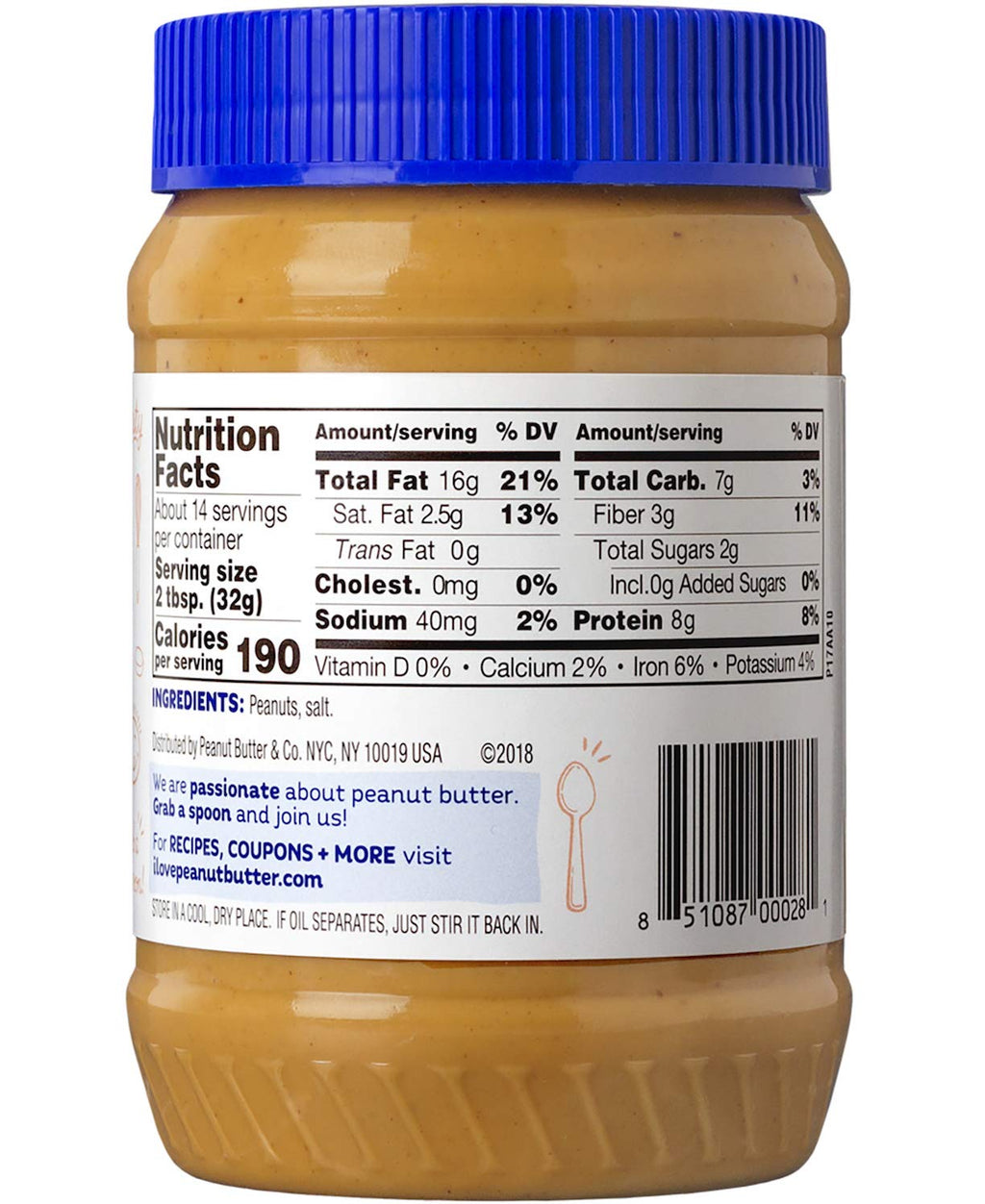 Peanut Butter & Co. Old Fashioned Crunchy Peanut Butter, No Sugar Added, 8g Protein, Non-GMO Project Verified, Gluten Free, Vegan, 16 oz Jar