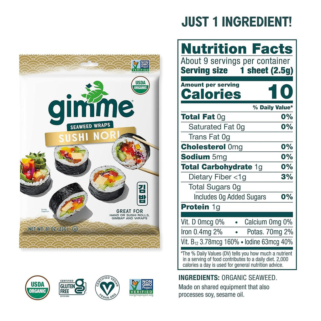 Gimme Seaweed Sushi Nori Premium Organic Roasted Seaweed Sheets, Keto, Vegan, Gluten-Free, Restaurant-style Sushi Nori Sheets 0.81 Ounce (Pack of 1)