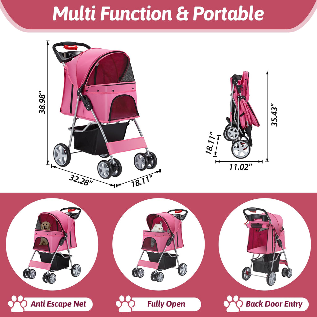 Pet Stroller, 4 Wheels Pet Strolling Cart for Medium/Small Dogs and Cats, Foldable Cat Jogger/Dog Stroller with Cup Holder, Storage Basket, Breathable Mesh, All-Season Pet Carrier, Black