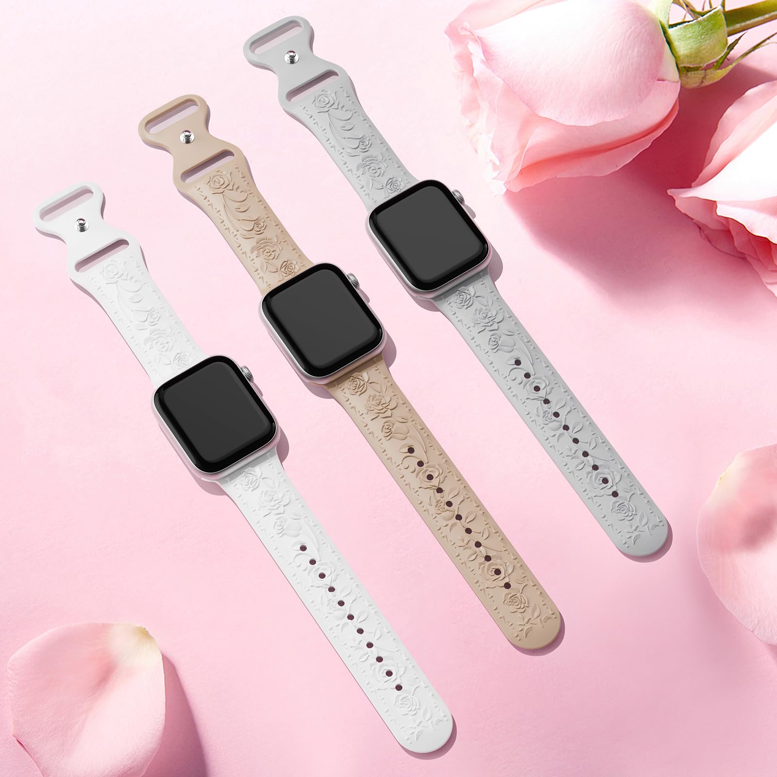 Floral Engraved Band Compatible with Apple Watch Band 40mm 41mm 38mm 42mm 44mm 45mm 46mm 49mm Women, Soft Silicone Cute Embossed Flower Strap for iWatch Band Series SE Ultra 11 10 9 8 7 6 5 4 3 2 1