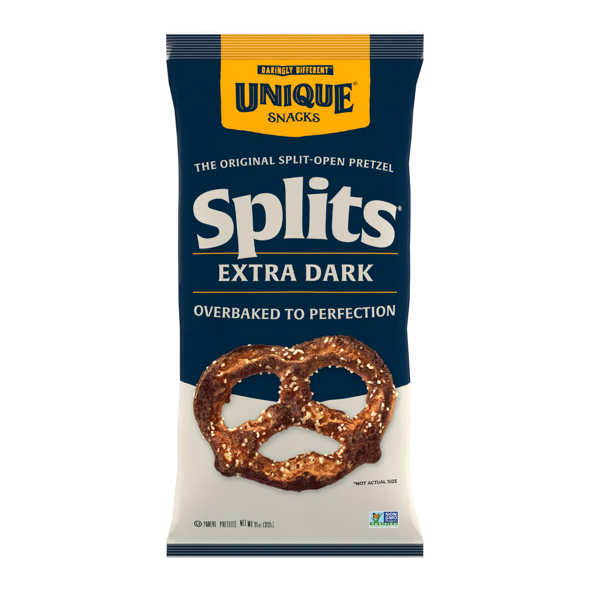 Unique Snacks Extra Dark Splits Pretzels, Original Split-Open Pretzels, Delicious Homestyle-Baked Snack Bag, Vegan, OU Kosher, and Non-GMO Food, No Artificial Flavor, 2 Oz. Bag, Pack of 12