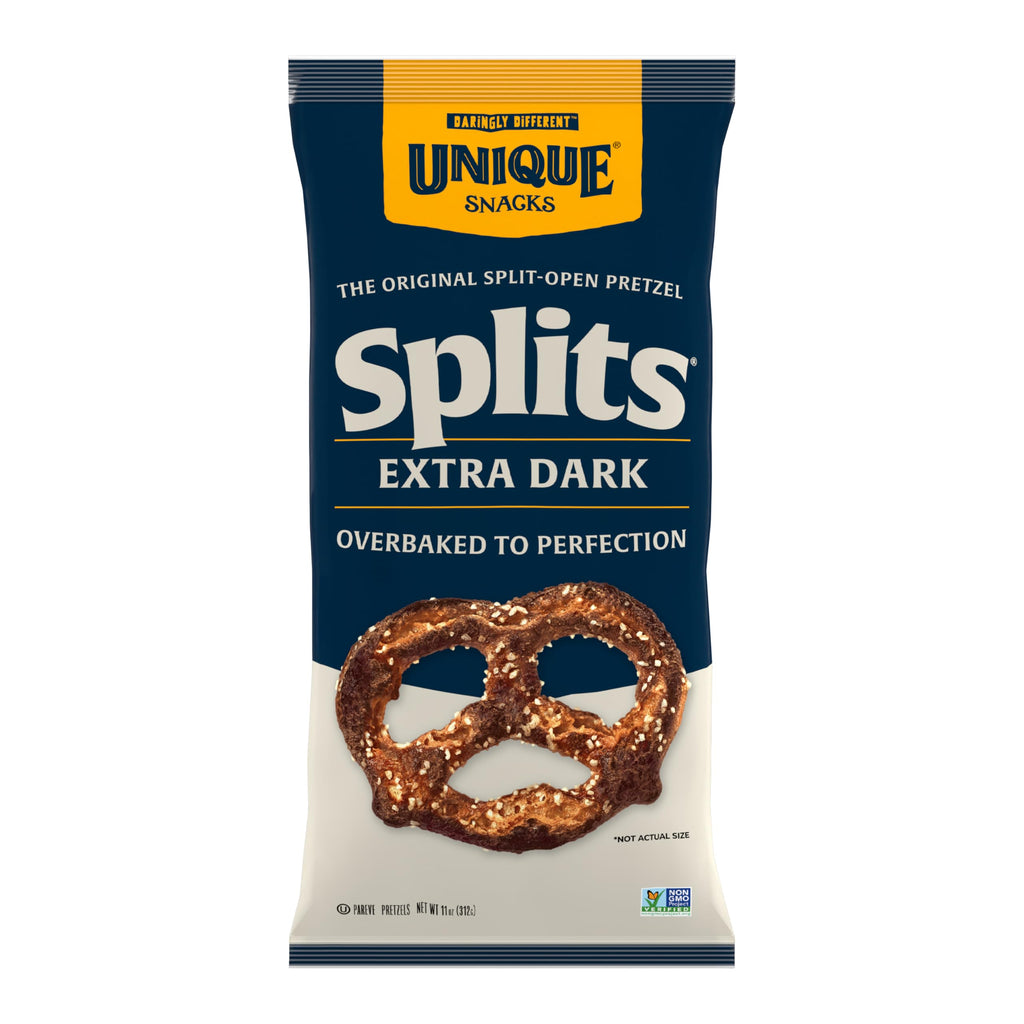 Unique Snacks Extra Dark Splits Pretzels, Original Split-Open Pretzels, Delicious Homestyle-Baked Snack Bag, Vegan, OU Kosher, and Non-GMO Food, No Artificial Flavor, 2 Oz. Bag, Pack of 12
