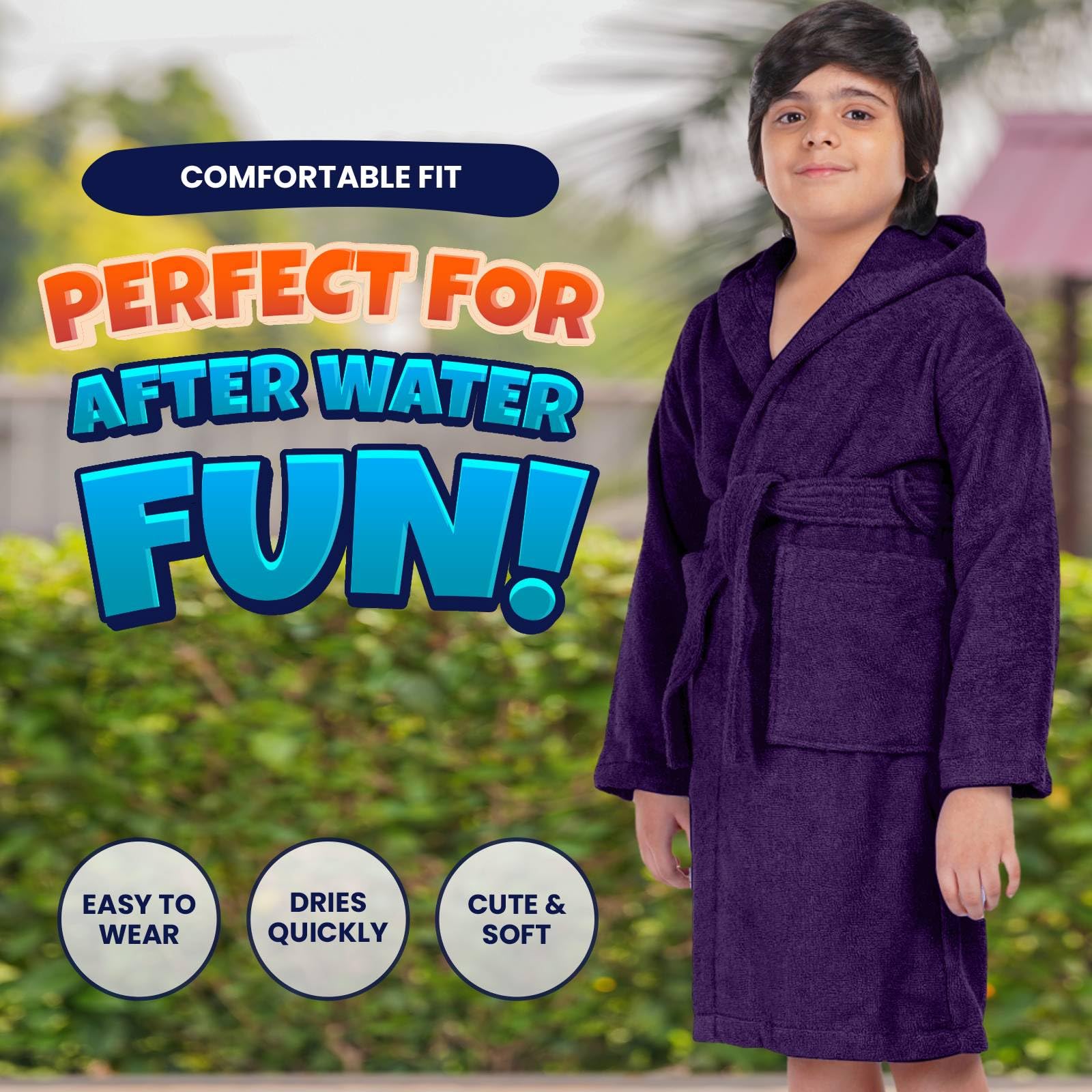 ALLEN & MATE 100% COTTON Hooded Kids Bathrobe – Soft, Medium Weight Absorbent Bath Towel Robe for Boys & Girls, 6-15 Years