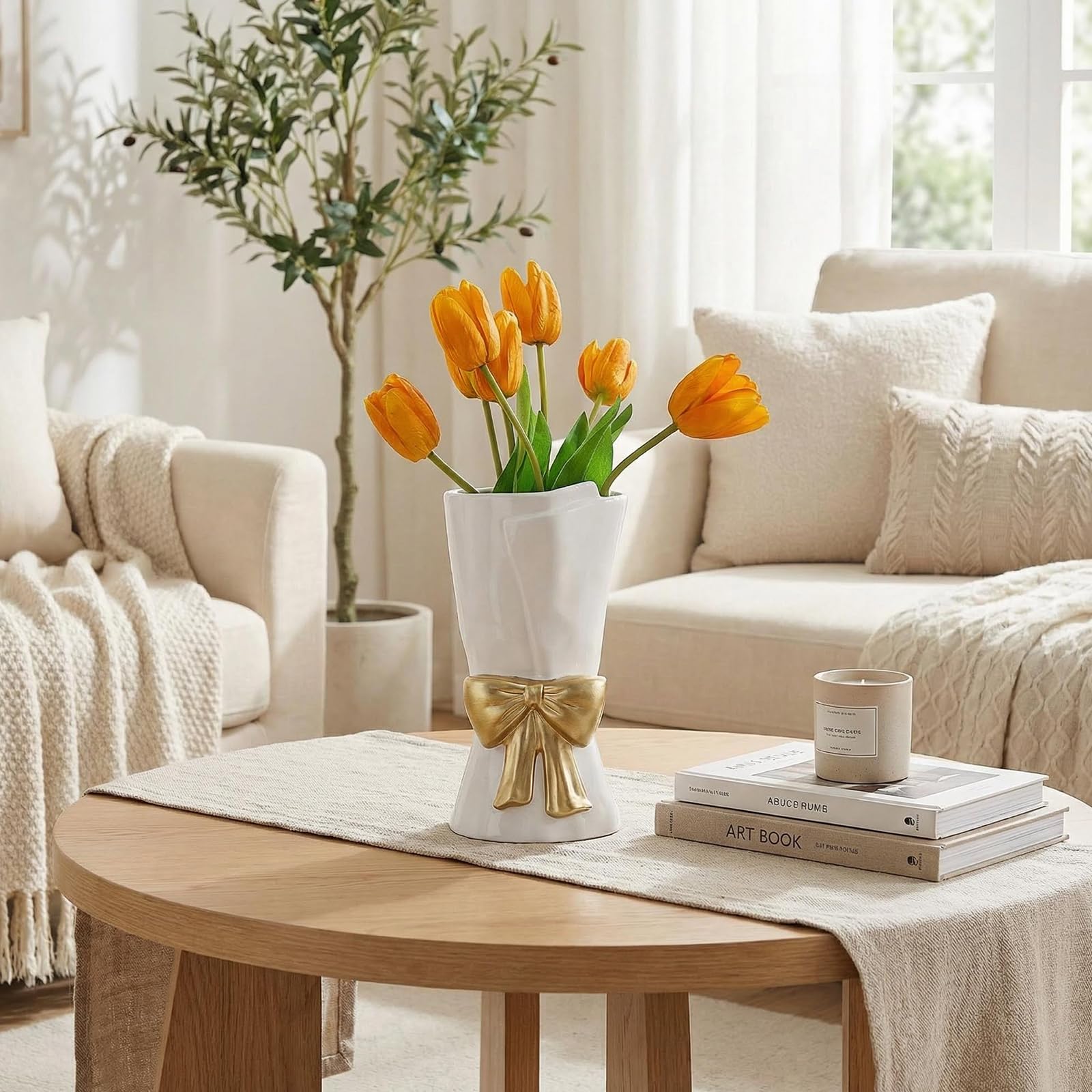 Relexome Beige Ceramic Bow Vase 9.64 in Unique Cute Modern Decorative Bouquet Flower Vases for Home Living Room Table Decor Women Girl Gifts