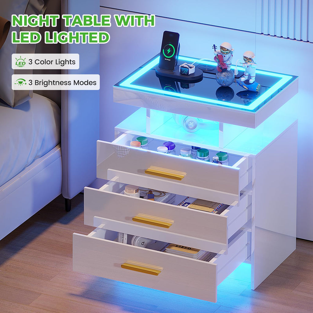 HNEBC LED Nightstand with Charging Station,Smart Bedside Table with Motion Sensor Lights,3 Drawers,Tempered Glass Top,High Gloss End Table with 3 Color Lights for Bedroom, Living Room,Office-Black