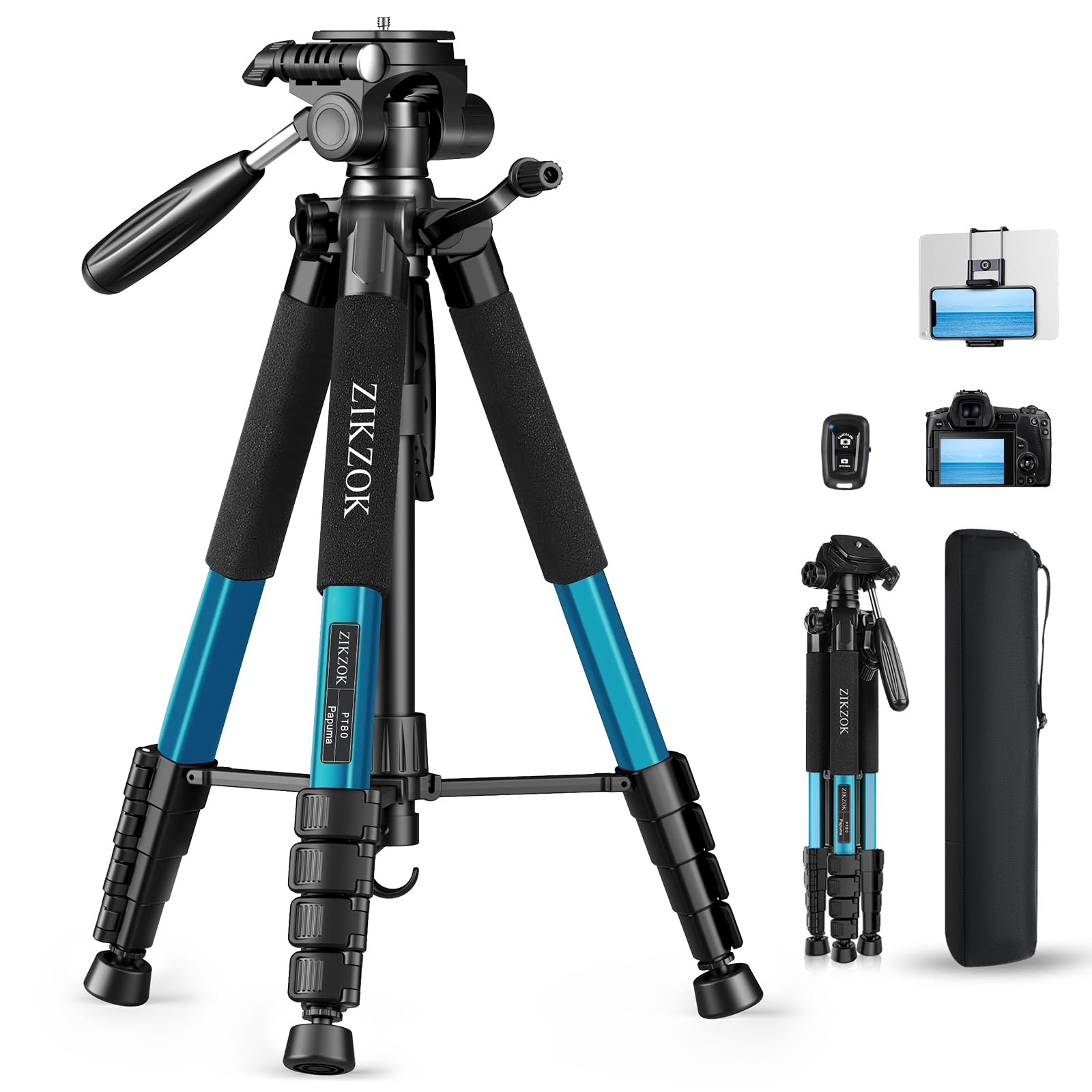 75" Camera Tripod, Aluminum Heavy Duty Camera Stand for ipad Phone, Travel Tripod with/Carry Bag/Phone Tablet Holder, Compatible with Canon Nikon Sony DSLR, Spotting Scopes, Max Load 15 Lb(Black)