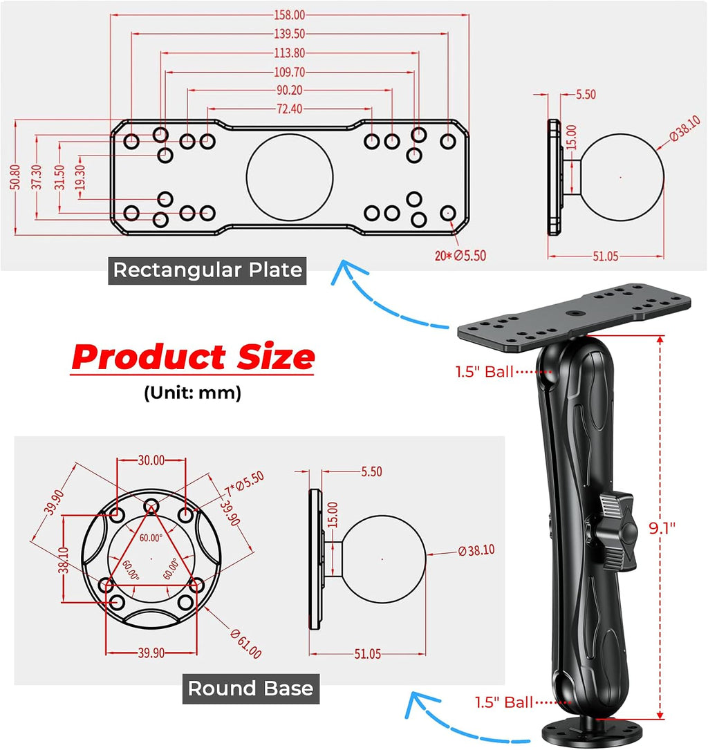 VAZESWIN Aluminum Alloy Fish Finder Mount with C Size 1.5" Ball Rectangular Plate & Round Base, 9.1" Long Arm Marine Electronic Mount Compatible with Garmin, Lowrance, Humminbird, Raymarine and More