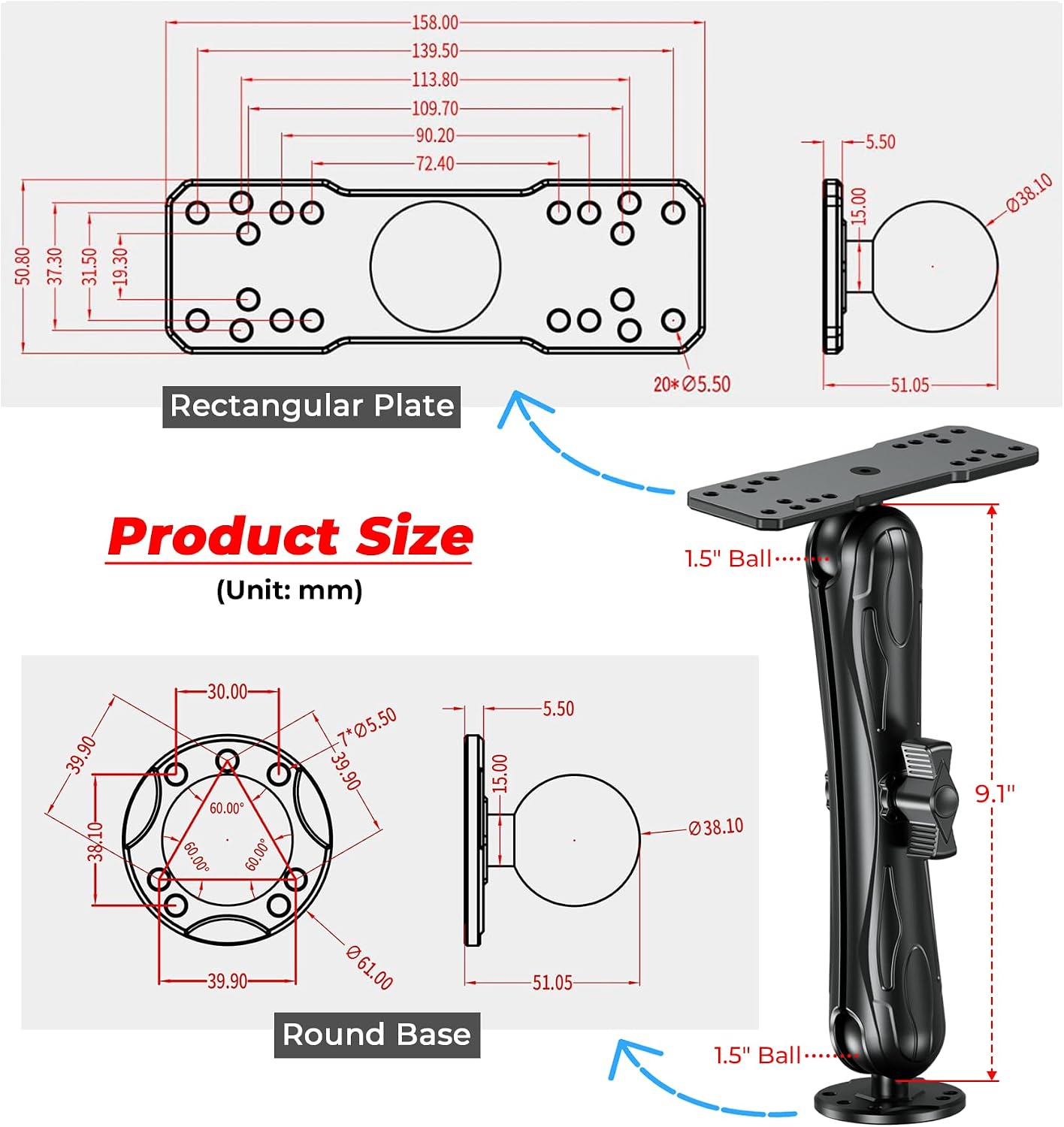 VAZESWIN Aluminum Alloy Fish Finder Mount with C Size 1.5" Ball Rectangular Plate & Round Base, 9.1" Long Arm Marine Electronic Mount Compatible with Garmin, Lowrance, Humminbird, Raymarine and More