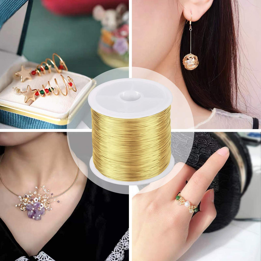 MIKIMIQI Jewelry Wire - 328Ft, 26 Gauge, Tarnish Resistant, Copper, 0.4mm X 100m (Gold)