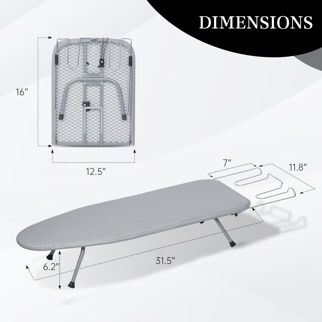 ZOES HOMEWARE Metal Mesh Panel Tabletop Ironing Board | Foldable Iron Board | Heavy Duty Small Iron Board with Heat Resistant Cover and 100% Cotton 8mm Thicken Pad | 31.5"x11.8"x6.2"